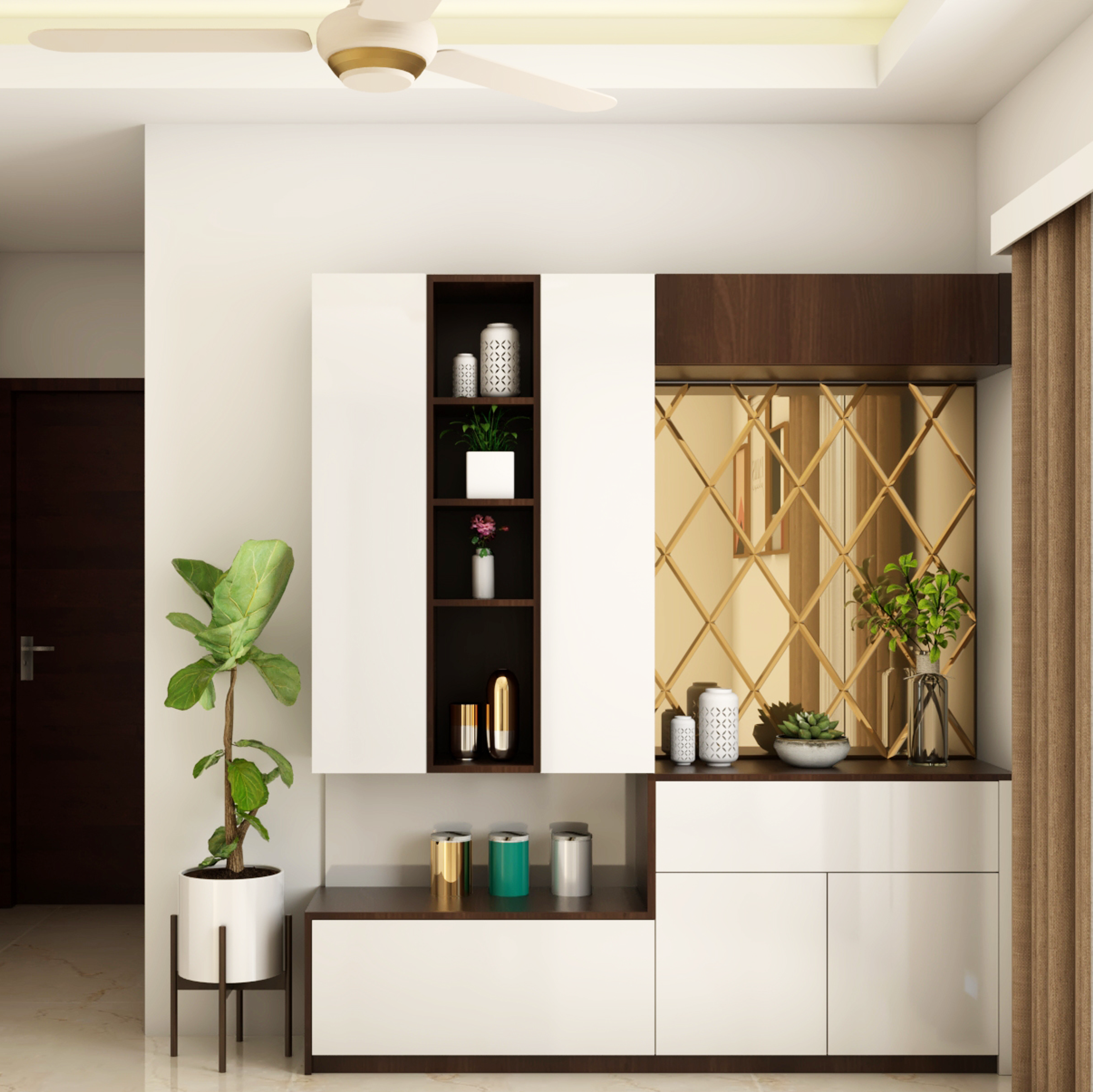 White Modern Spacious Foyer Design Idea with Mirror and Plant - Livspace