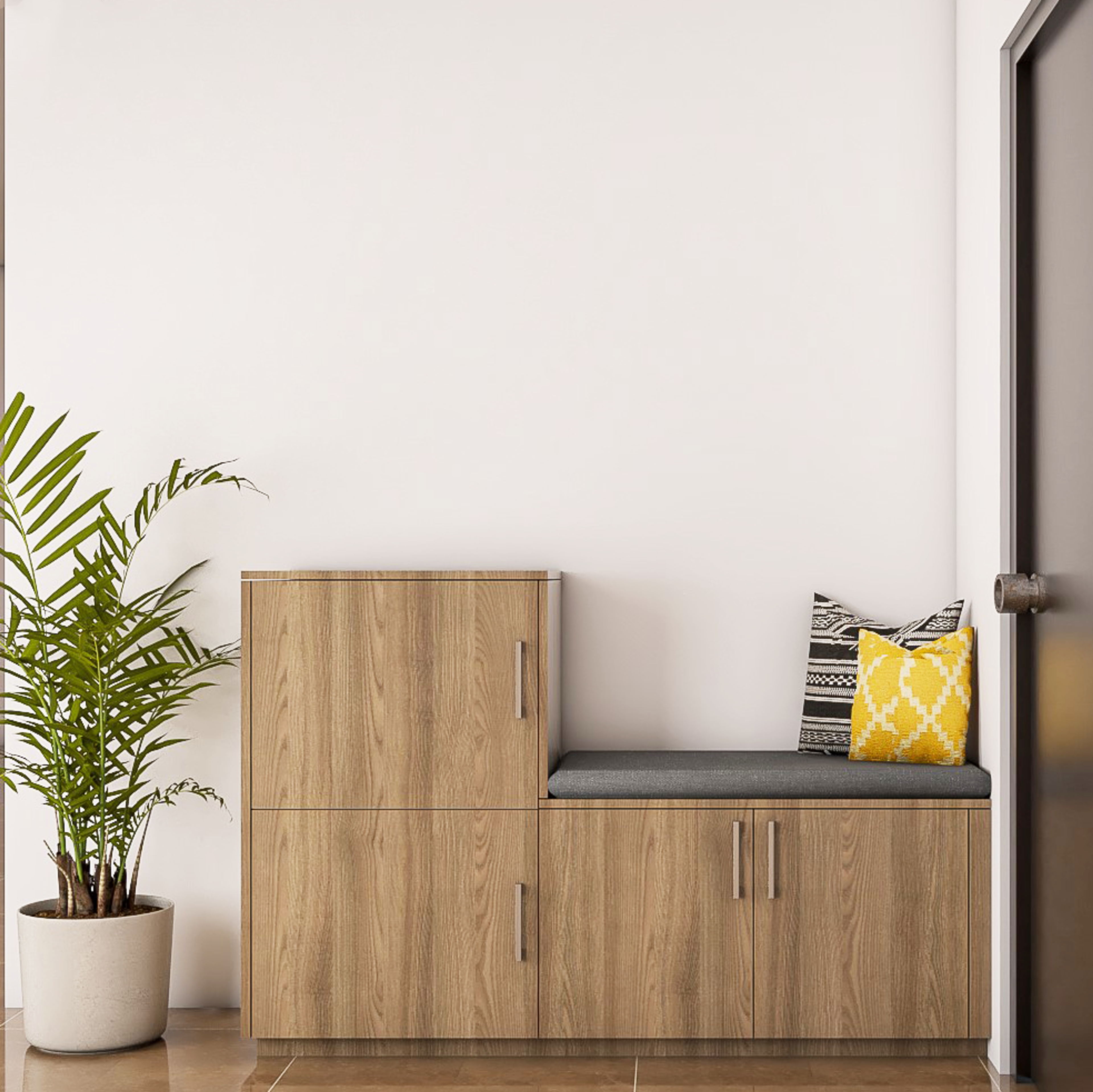 Modern Compact Entrance Foyer Design Idea with Seat and Potted Plant - Livspace