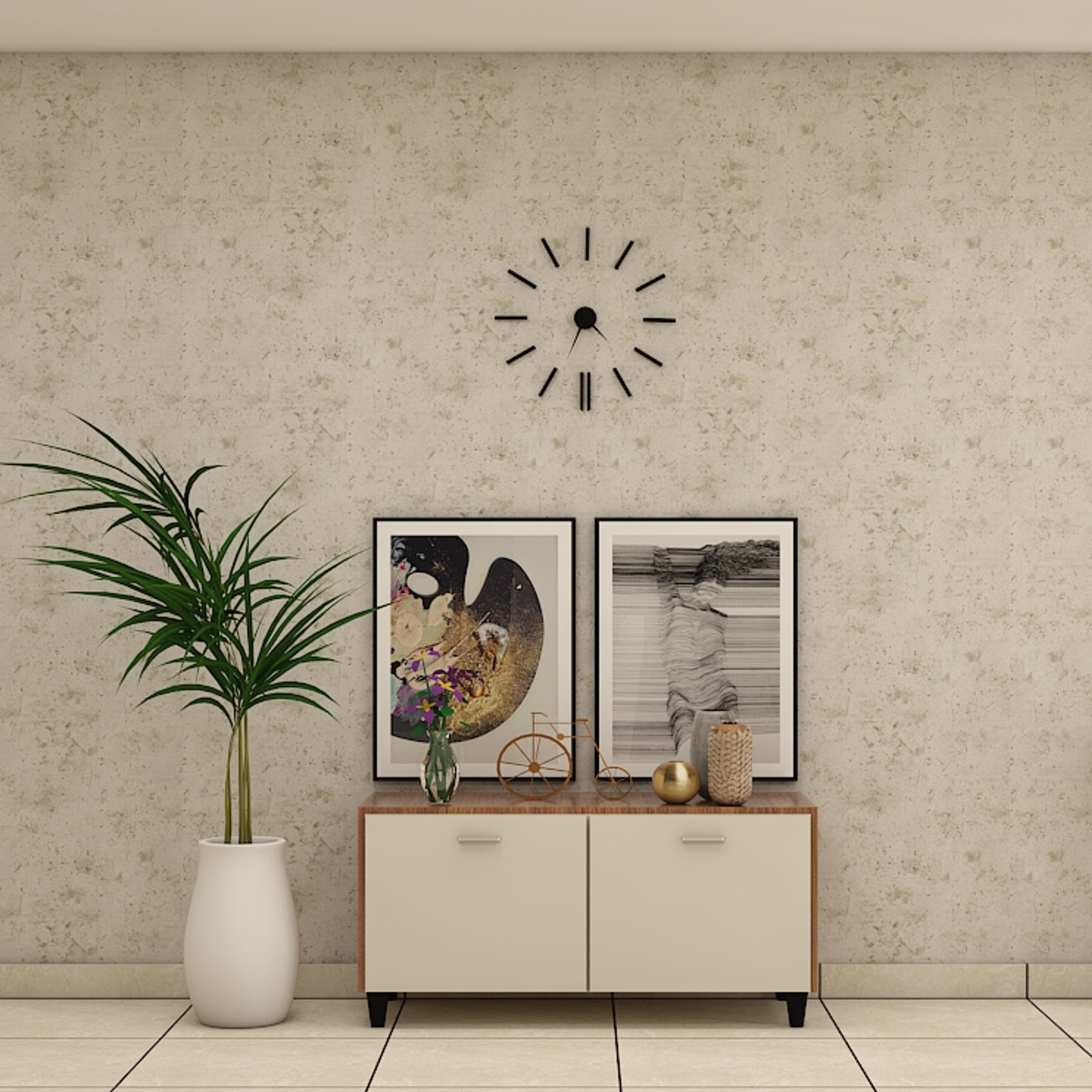 Modern Spacious Foyer Design Idea with Potted Plant and Wall Clock - Livspace