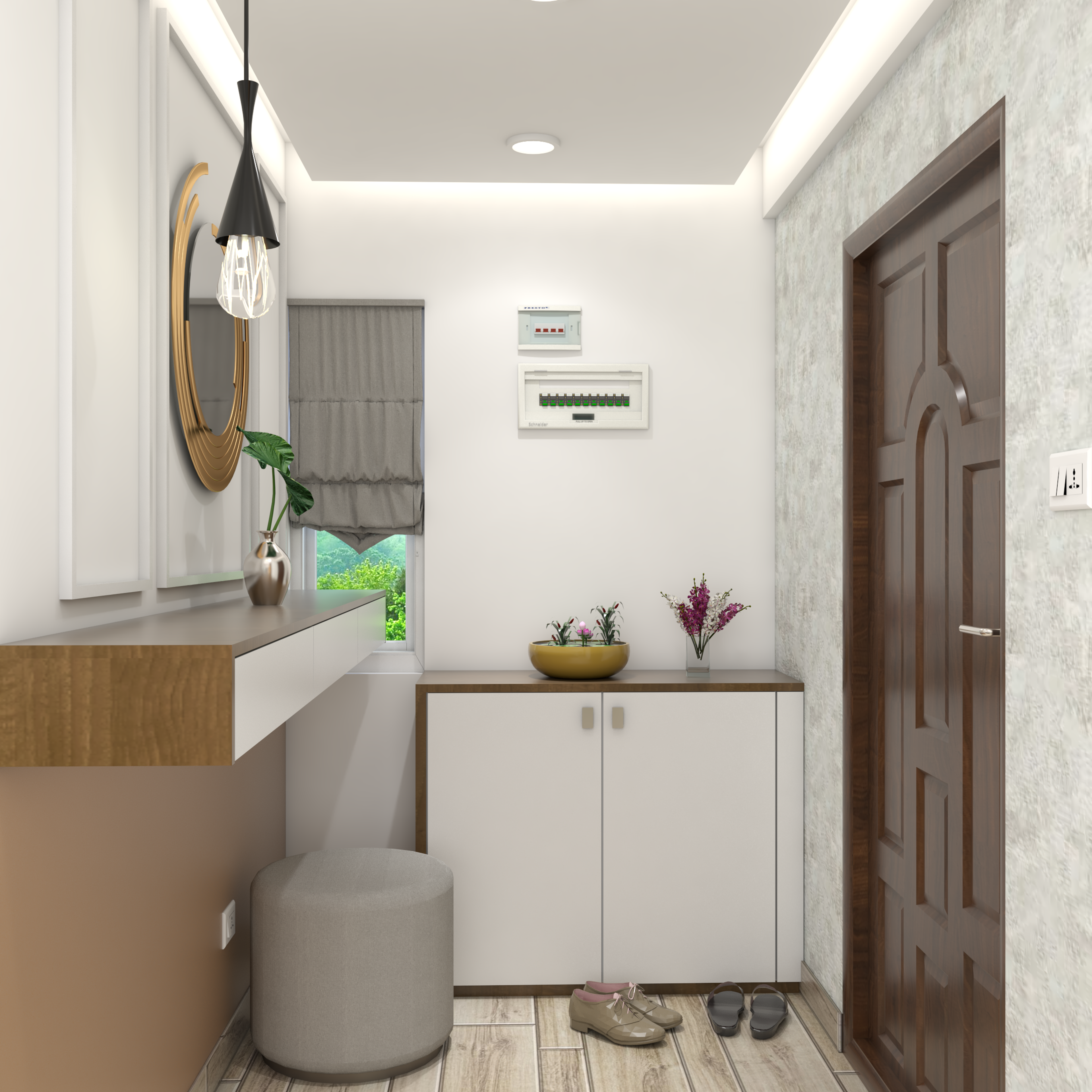 Contemporary Spacious Modern Entrance Foyer Design Idea with Seat - Livspace