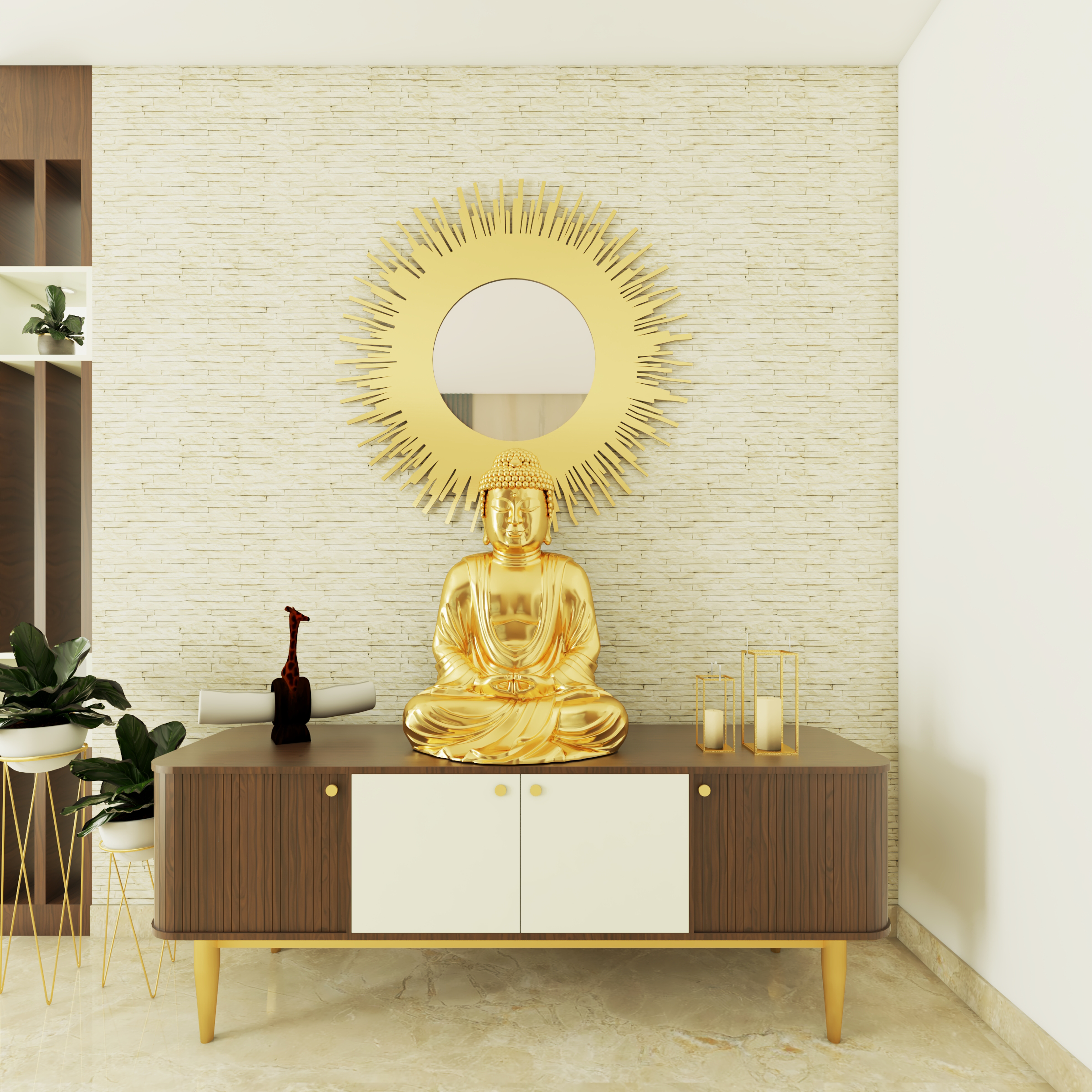 Golden Buddha Modern Spacious Foyer Design Idea with Mirror - Livspace