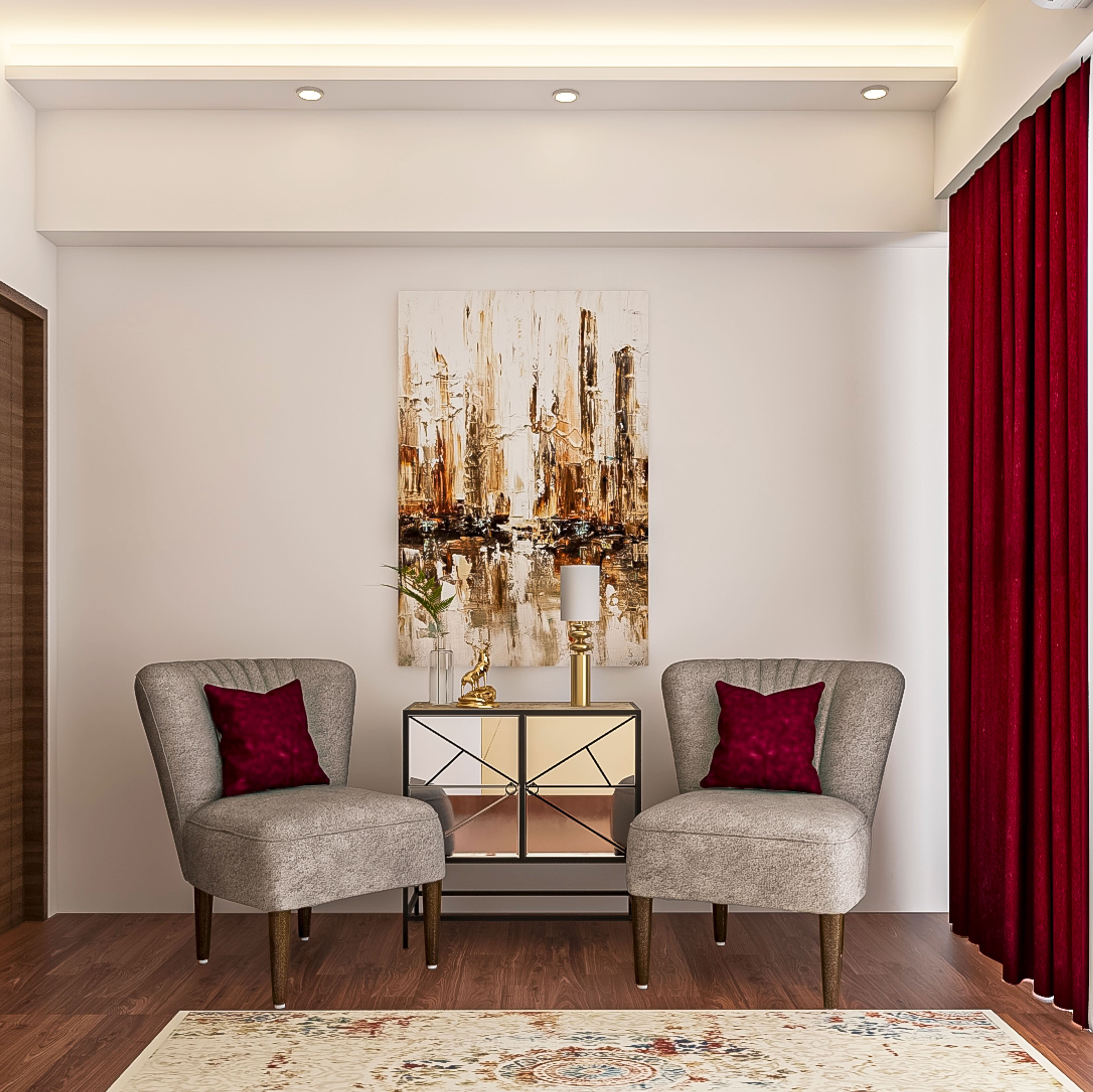Red and Grey Modern Spacious Foyer Design Idea with Chairs - Livspace