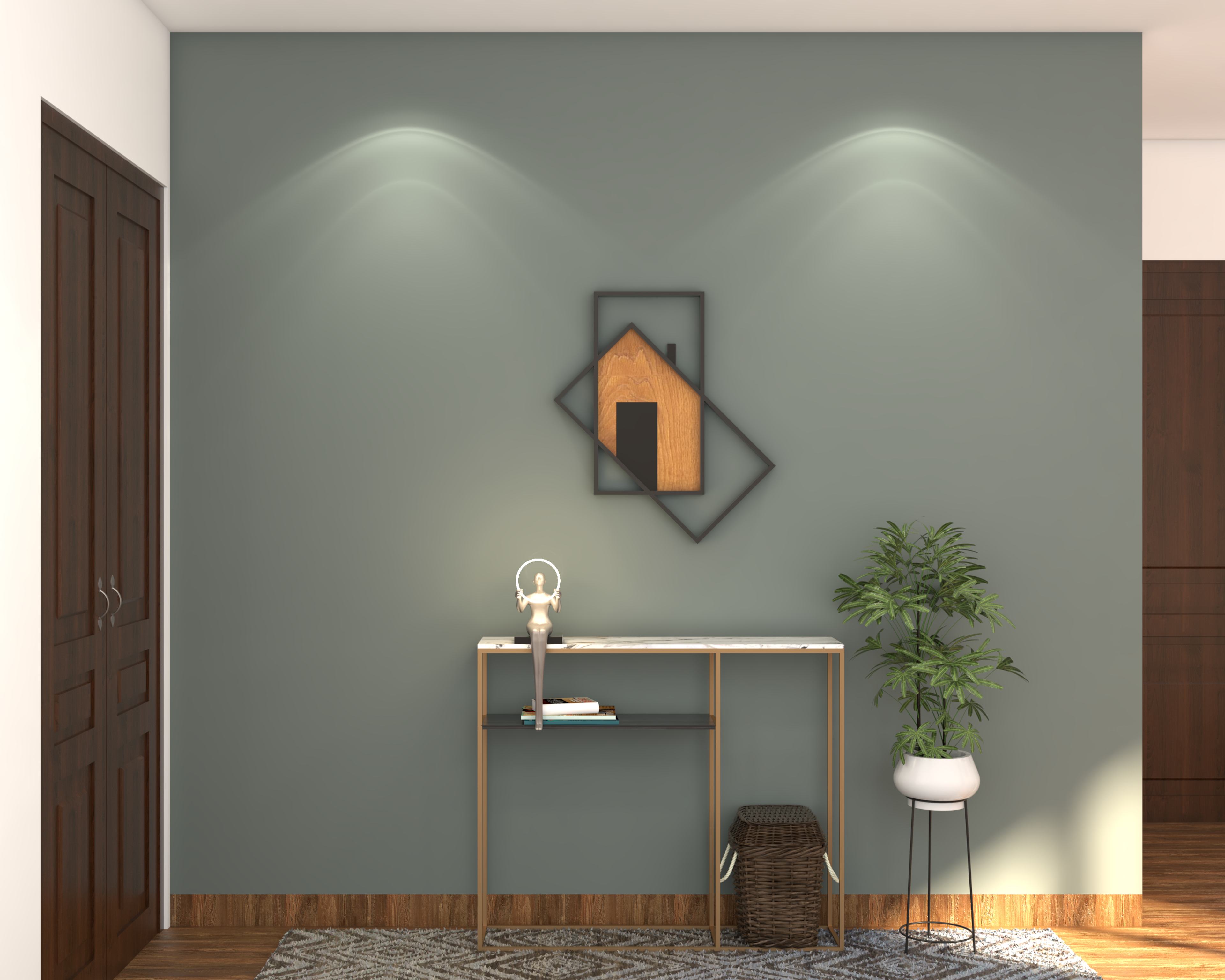 Grey Wall Modern Spacious Foyer Design with Potted Plant - Livspace