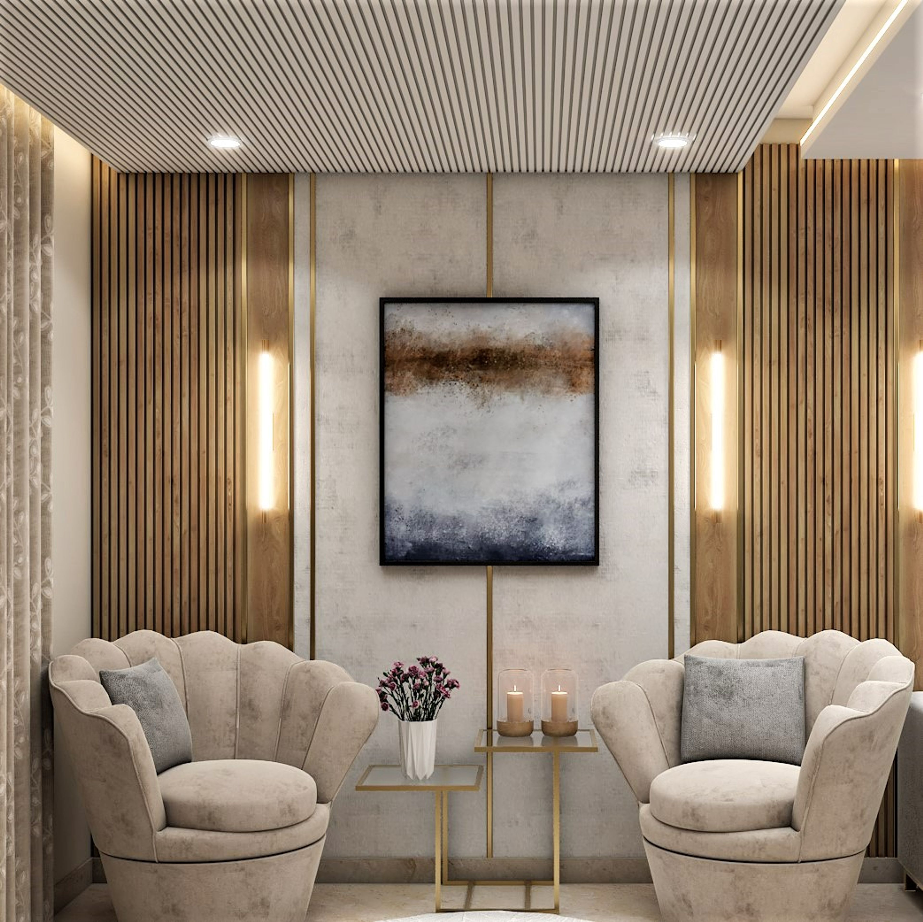 Panelled Wall Art Deco Spacious Foyer Design with Accent Chairs - Livspace