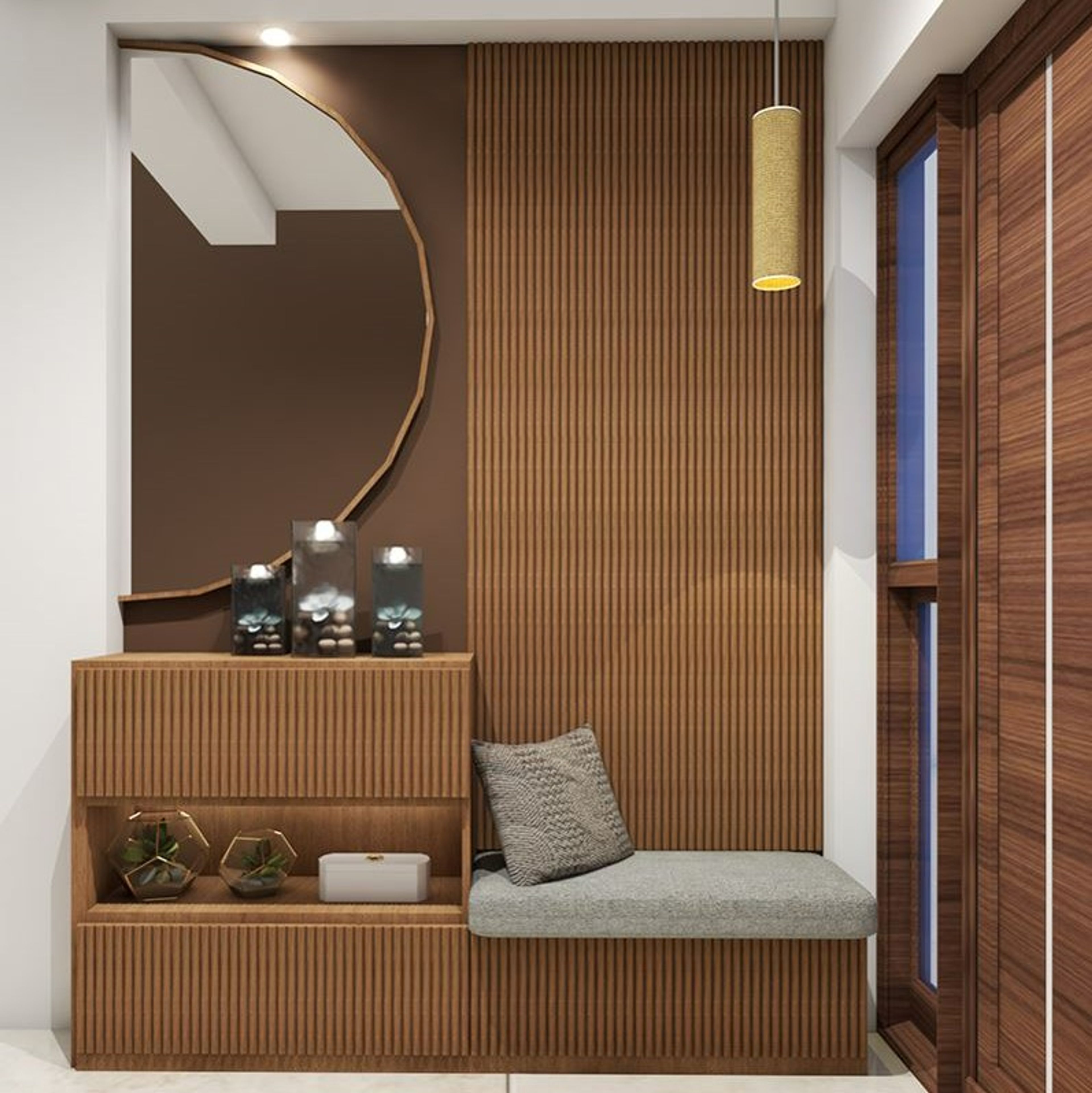 Brown Modern Compact Foyer Design Idea with Semi-Circular Mirror - Livspace