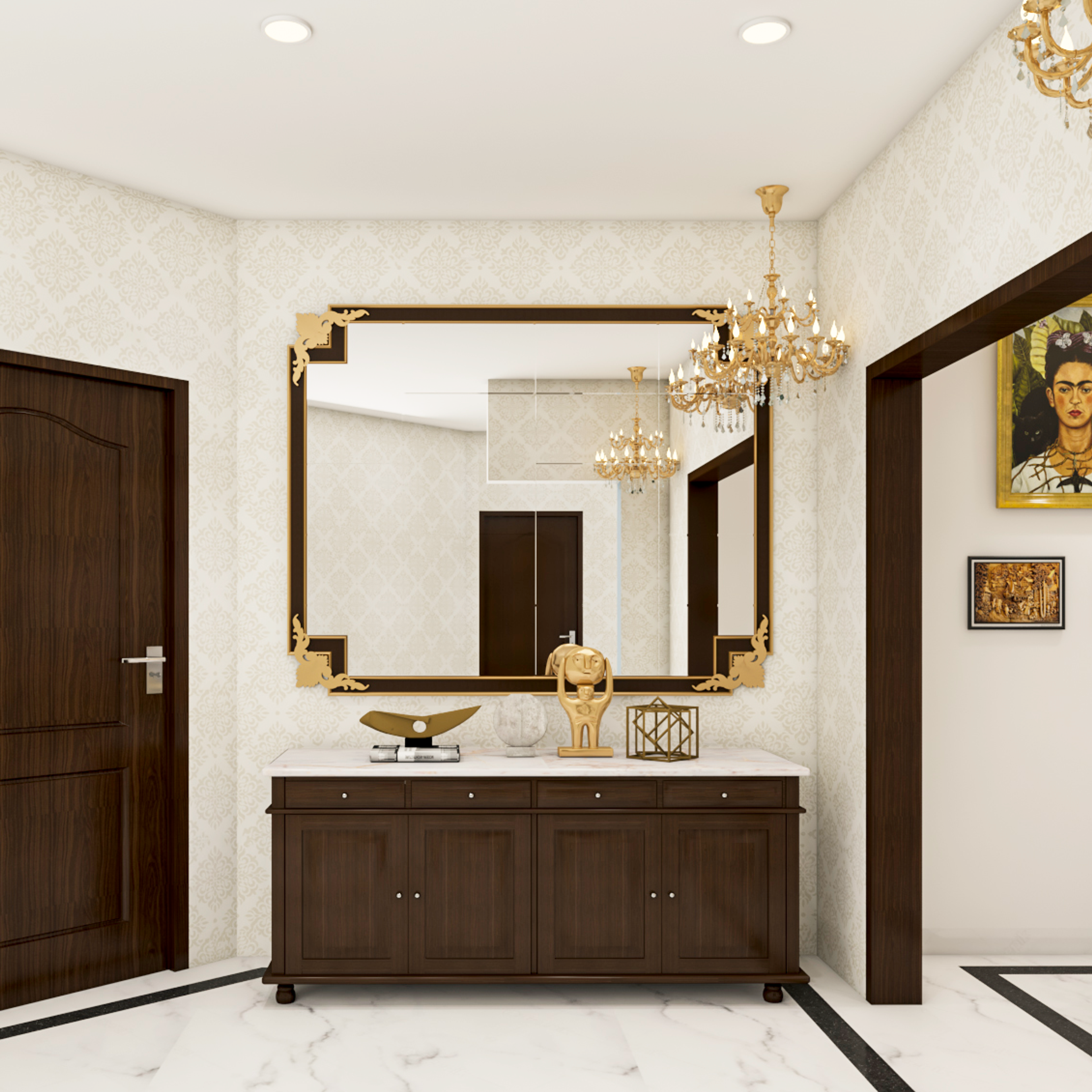 Beige Classic Spacious Foyer Design with Victorian Wallpaper - Livspace