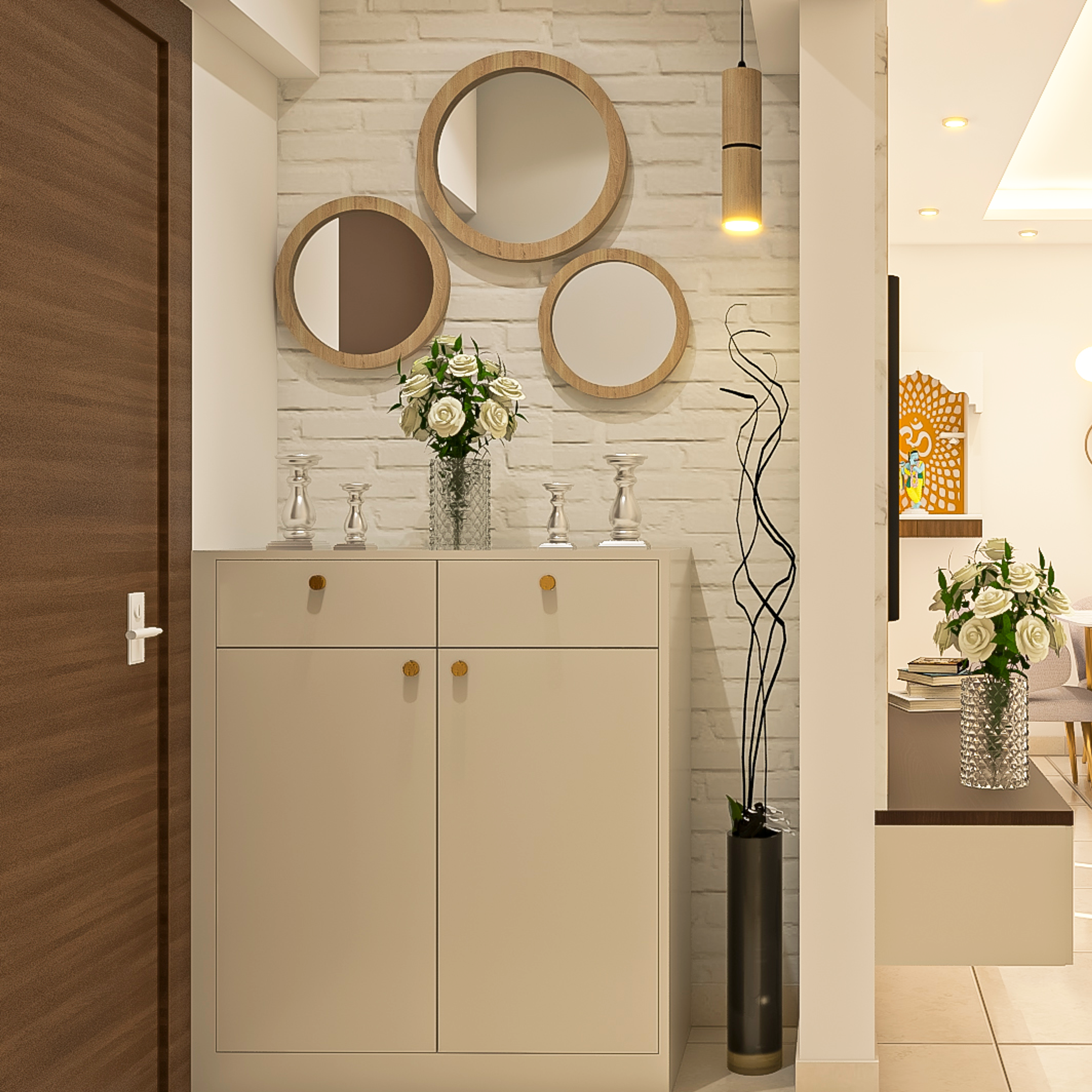 Earthy Tone Contemporary Compact Foyer Design Idea with Mirrors - Livspace