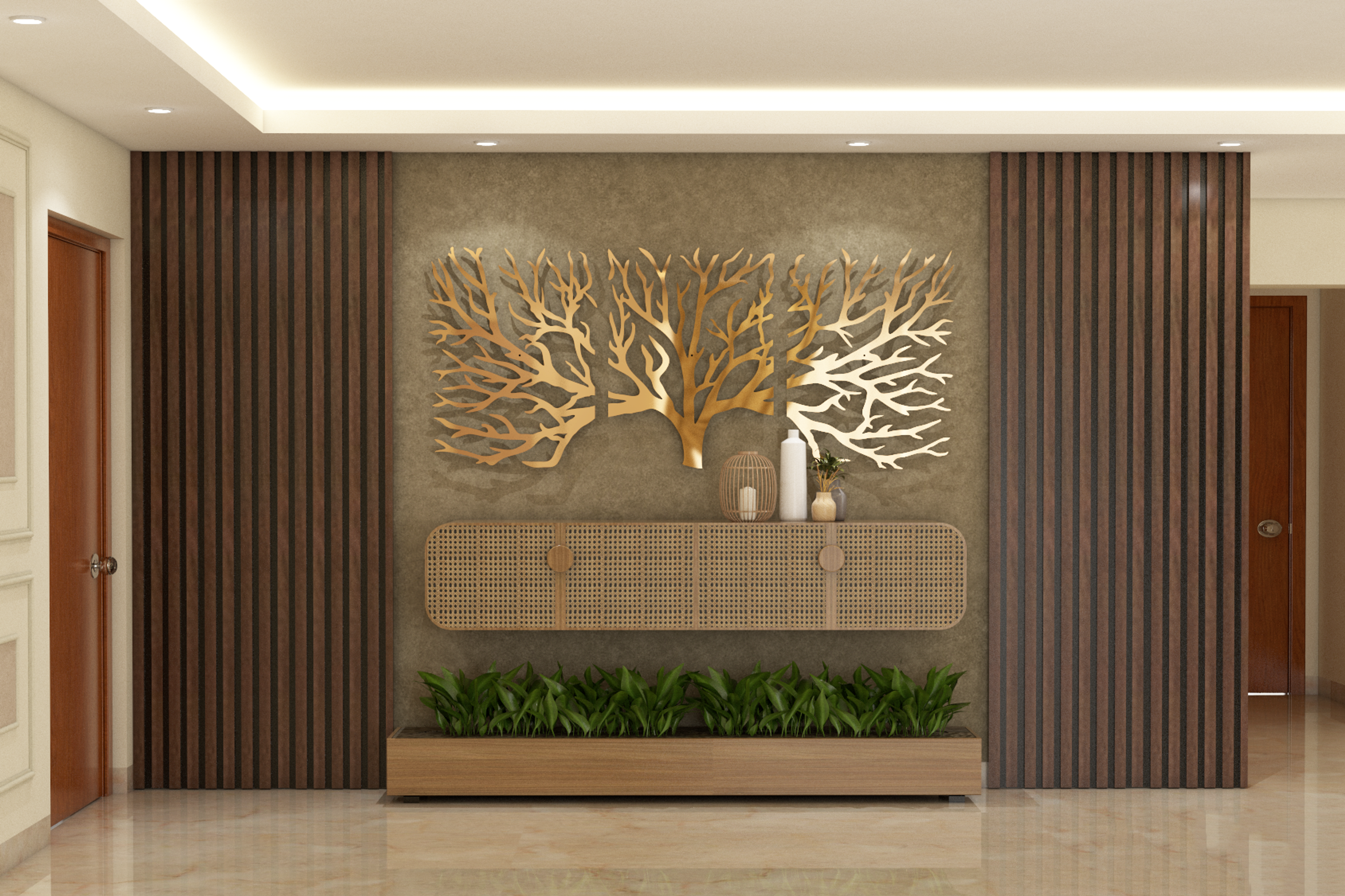 Wooden Panelling Contemporary Spacious Foyer Design Idea with Potted Plants - Livspace