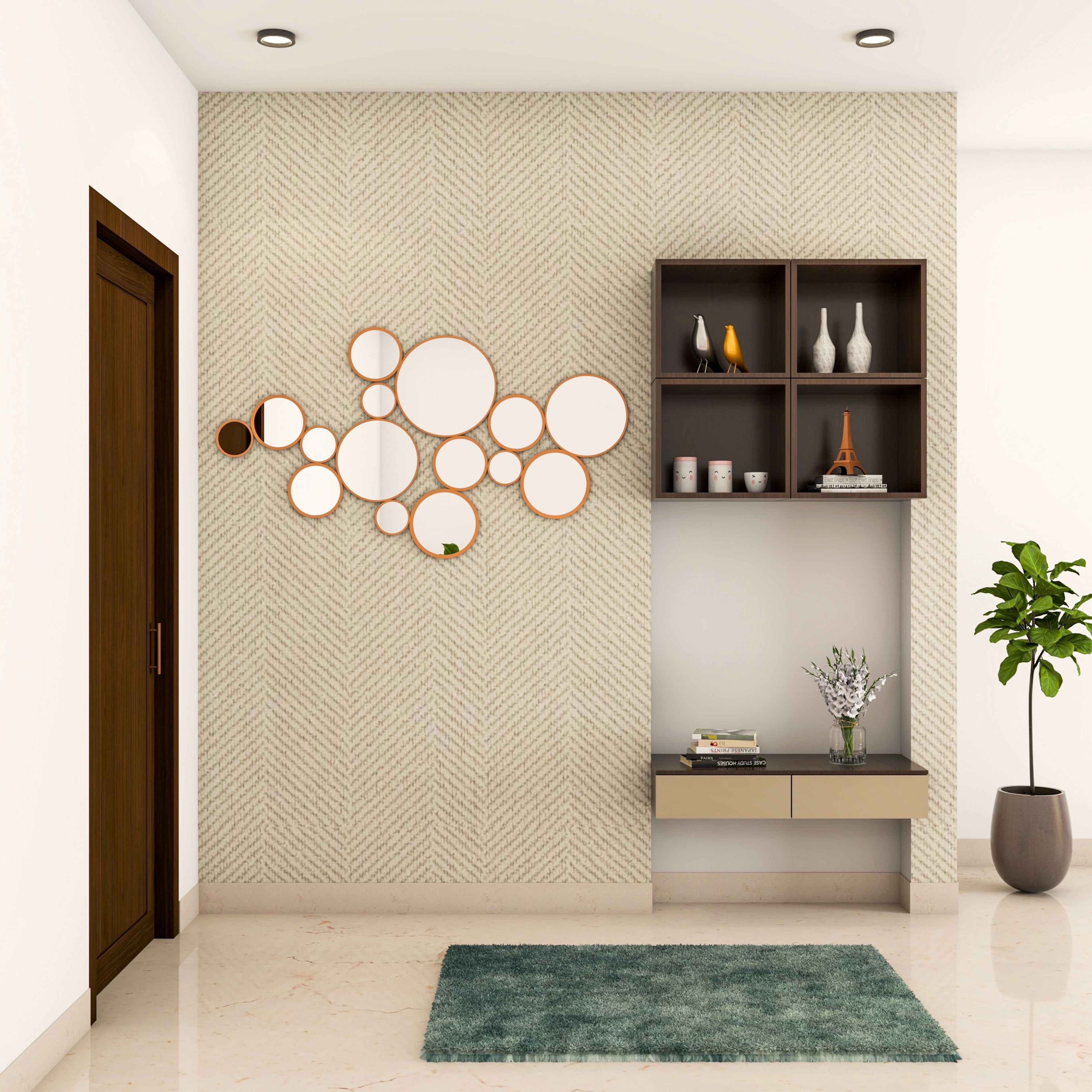 Textured Wall Modern Spacious Foyer Design Idea with Drawers - Livspace