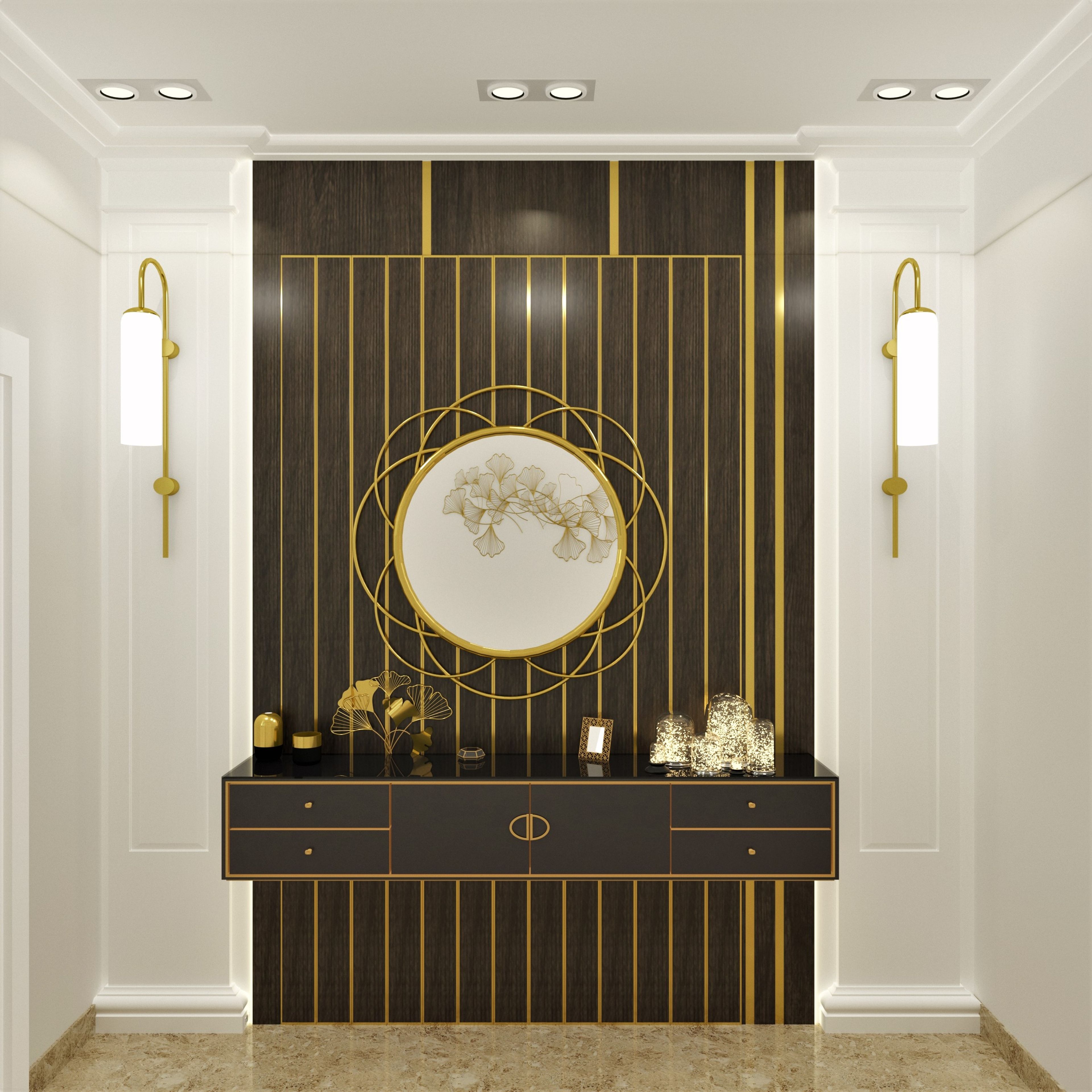 Dark Wood Panelling Contemporary Compact Foyer Design - Livspace