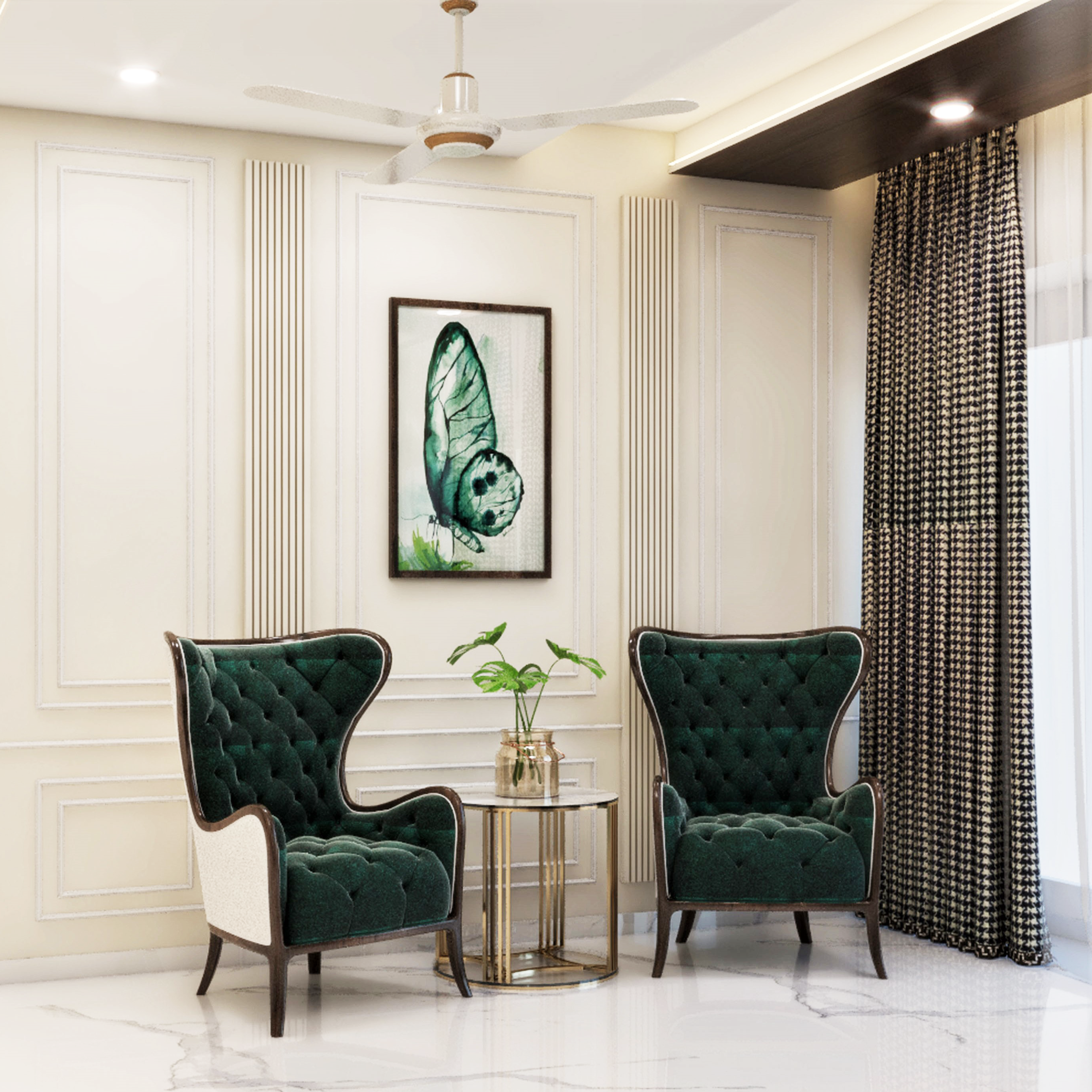 Classic Compact Foyer Design Idea with Dark Green Chairs - Livspace