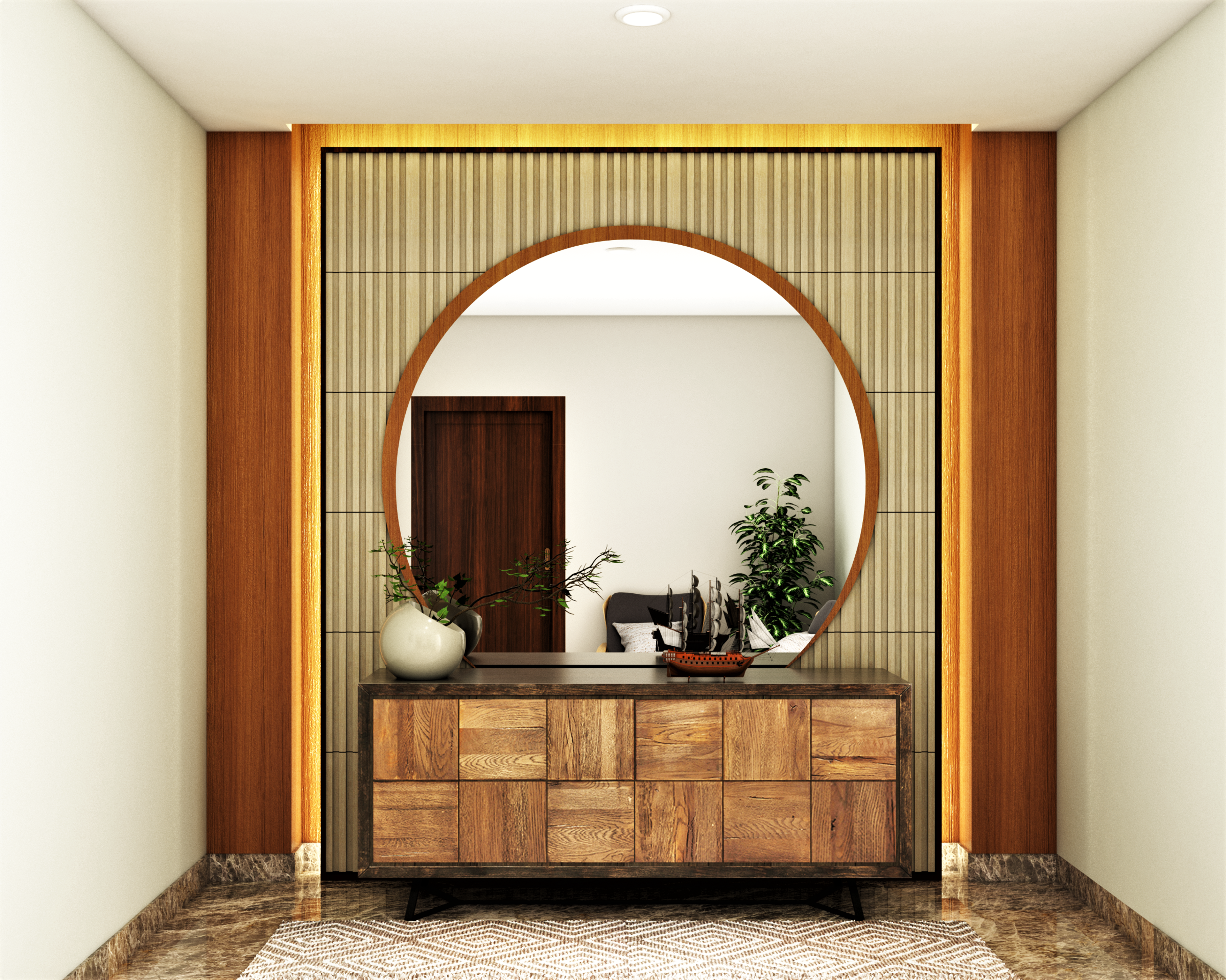 Wooden Panelling Asian Spacious Foyer Design with Mirror - Livspace