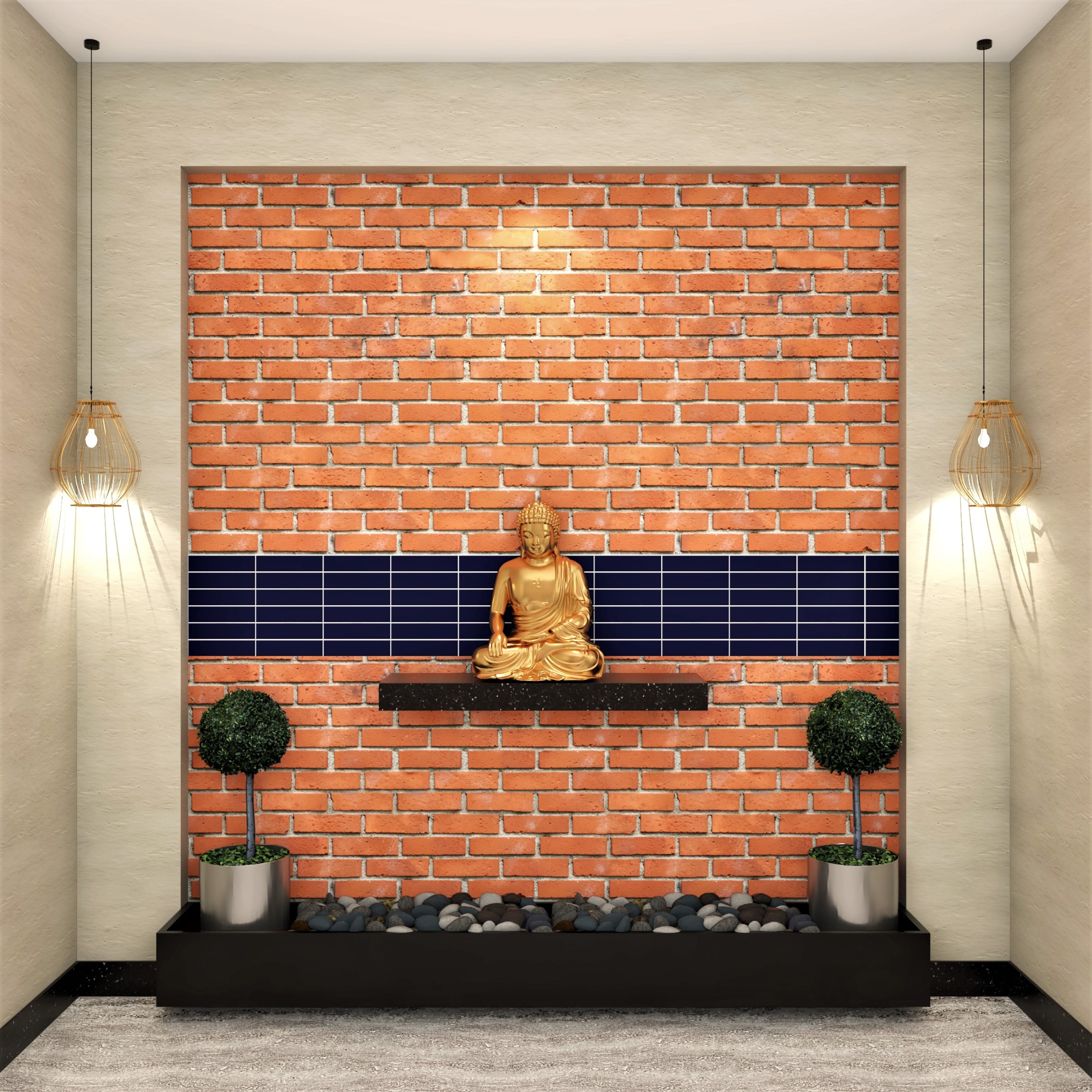 Brick Wall Modern Spacious Foyer Design with Buddha Statue - Livspace