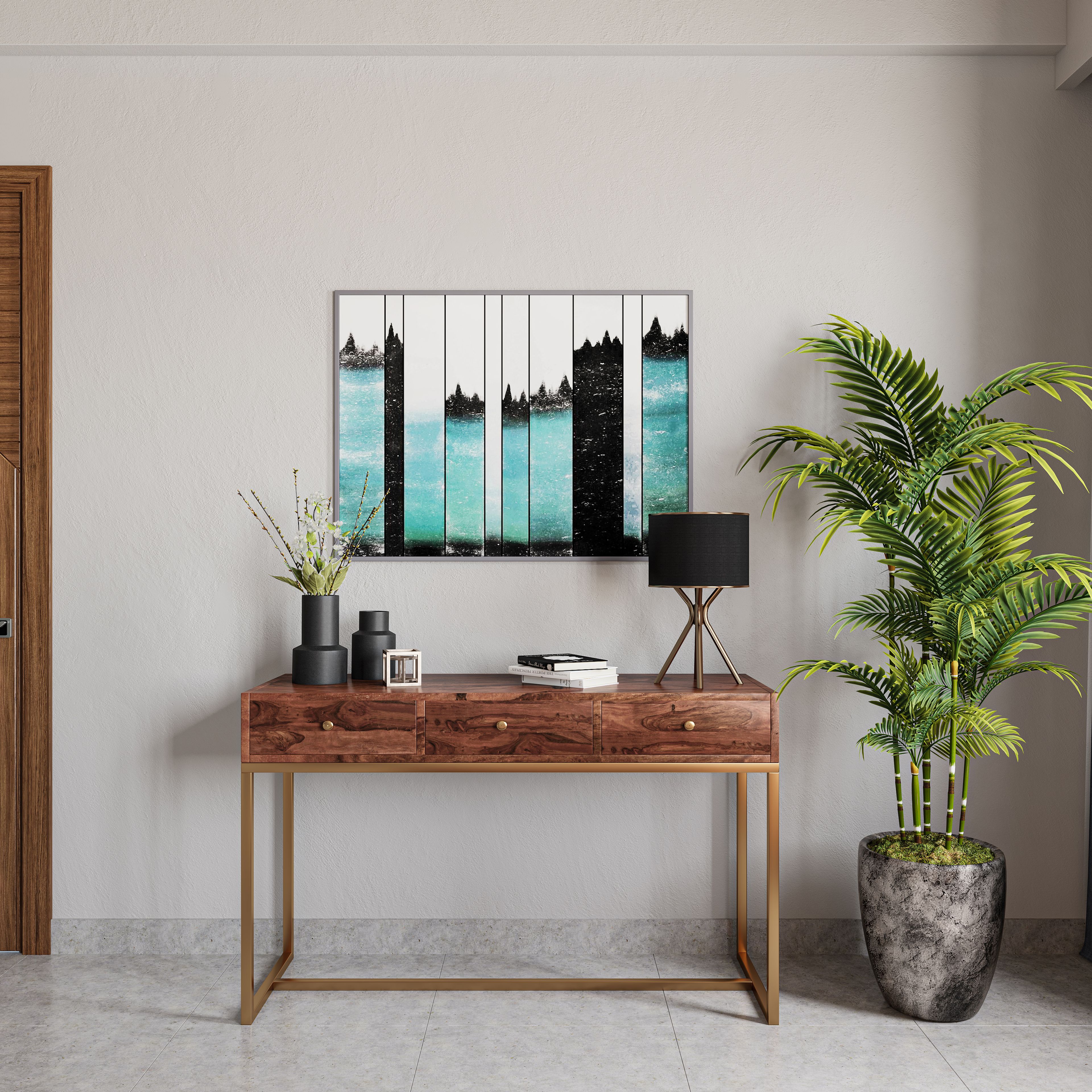 Simple Foyer with Wooden Desk - Livspace
