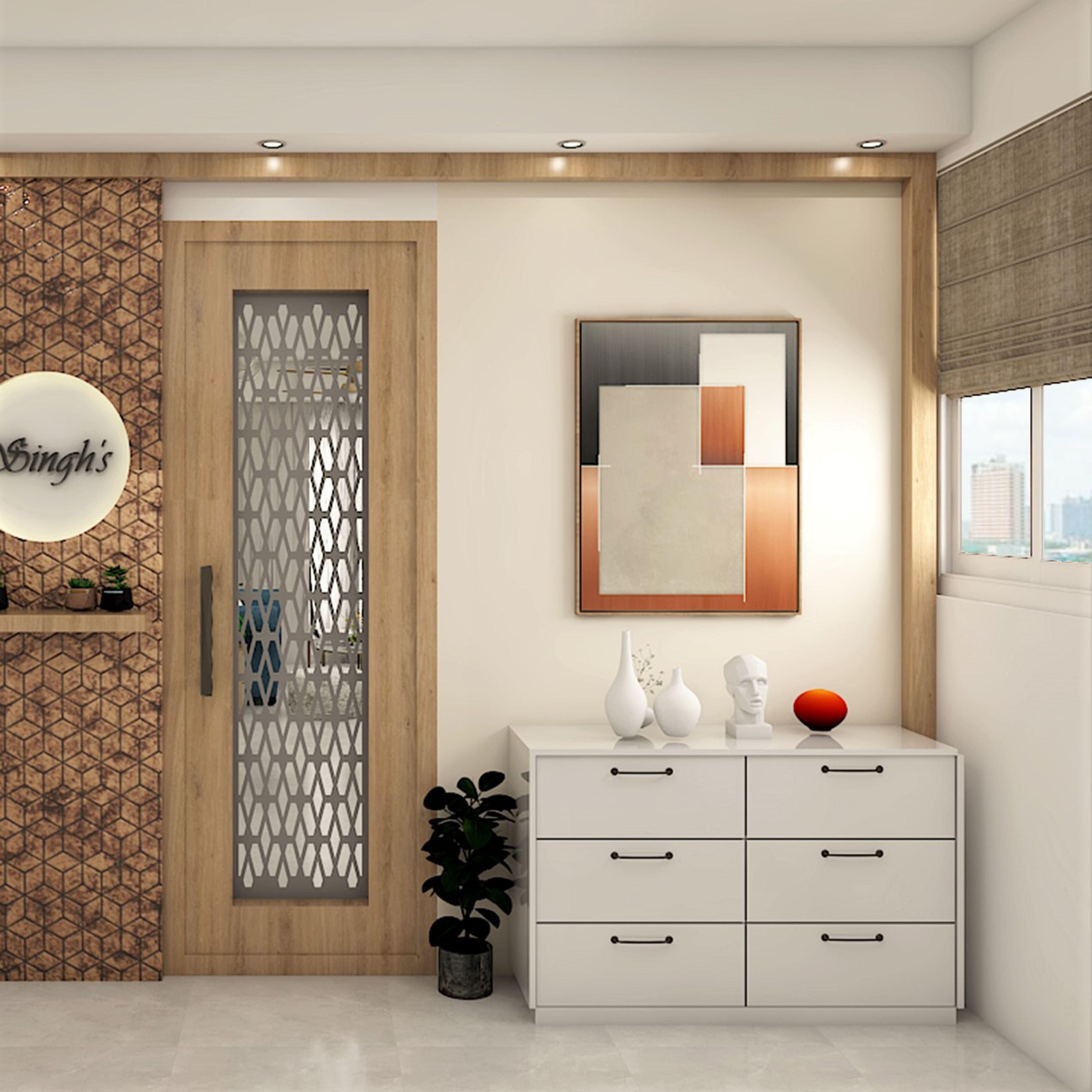 Modern Foyer with Patterned Wooden Frame - Livspace