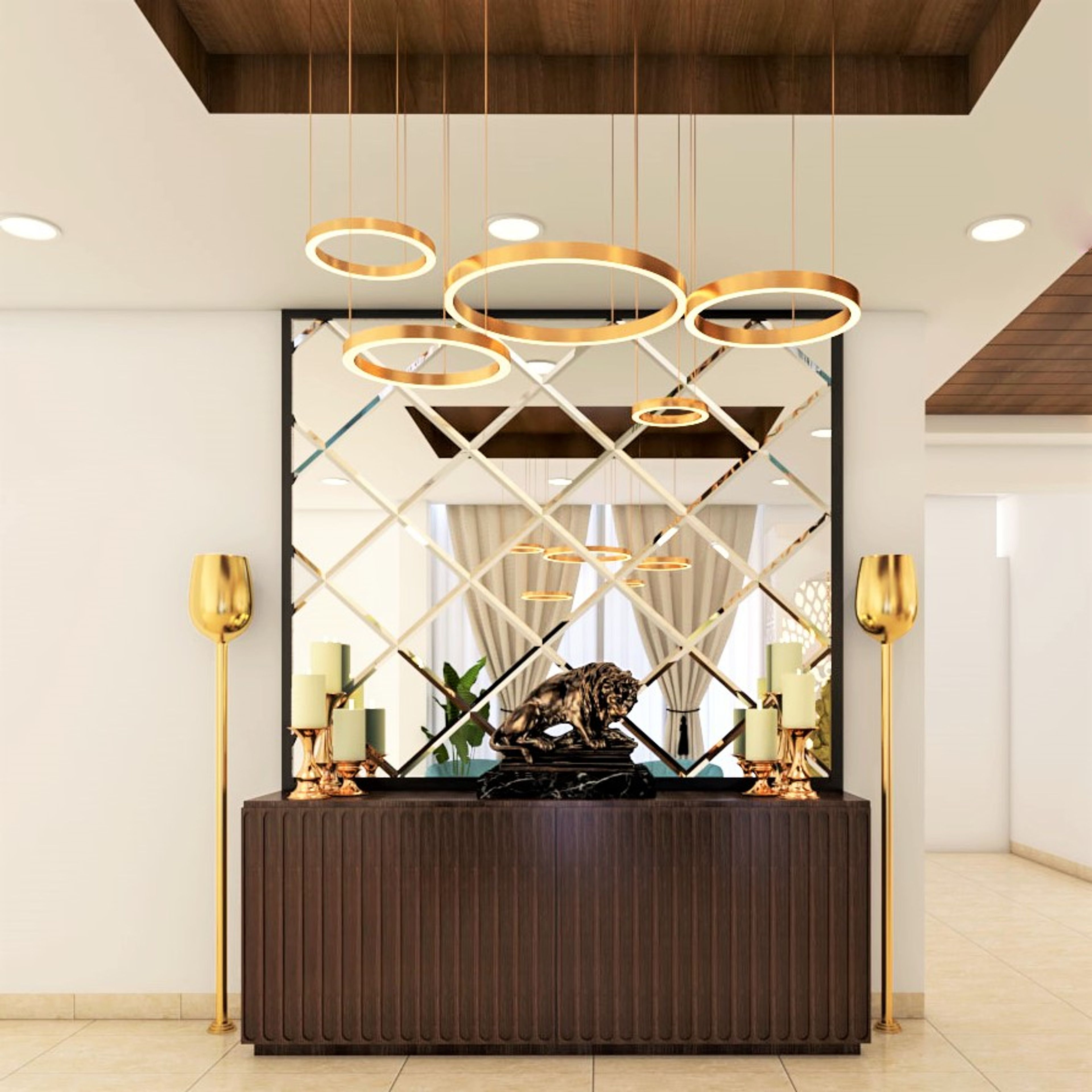 Classic Foyer with Mirror and Golden Hanging Lights - Livspace