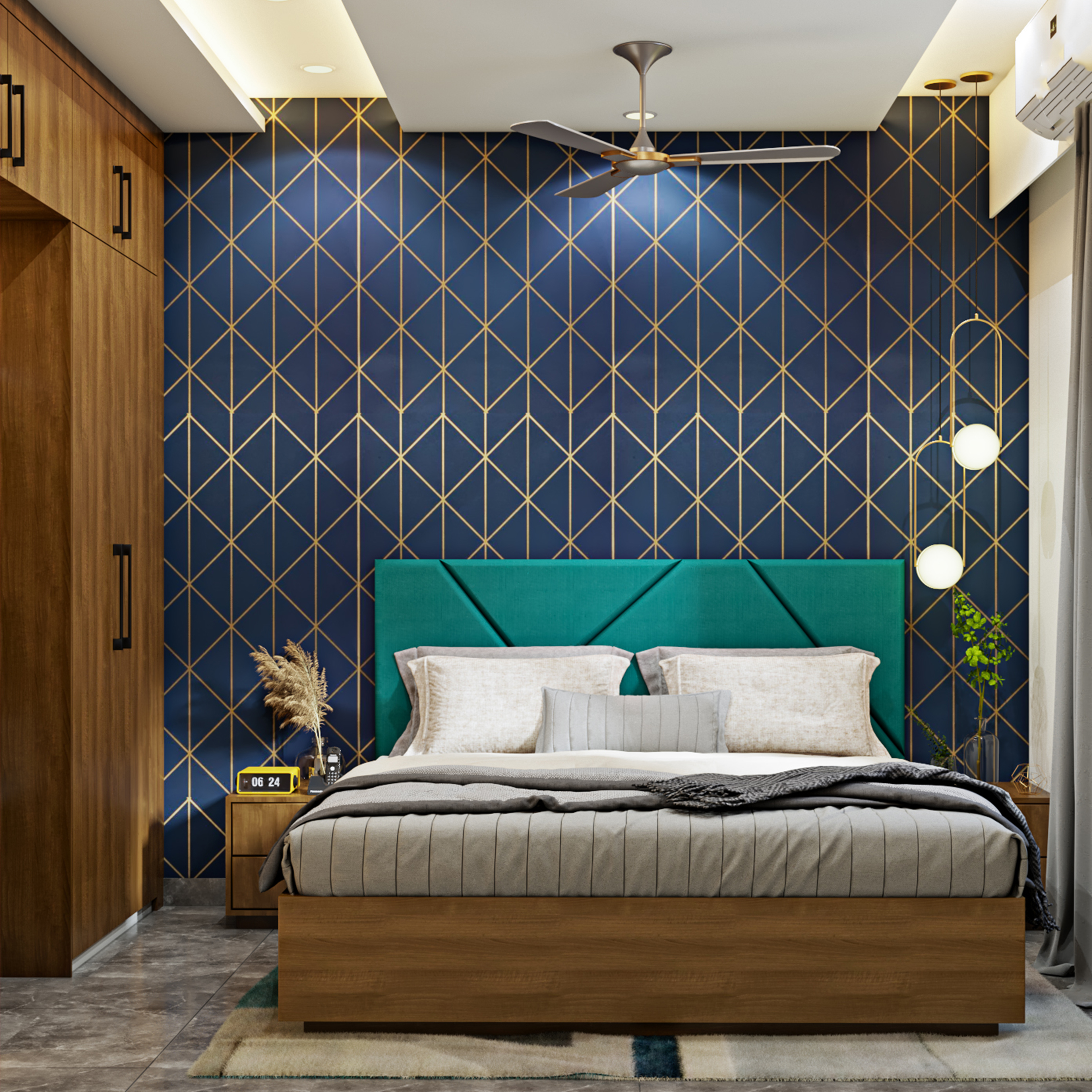 Modern Guest Room Interior Design With Blue Accent Wall