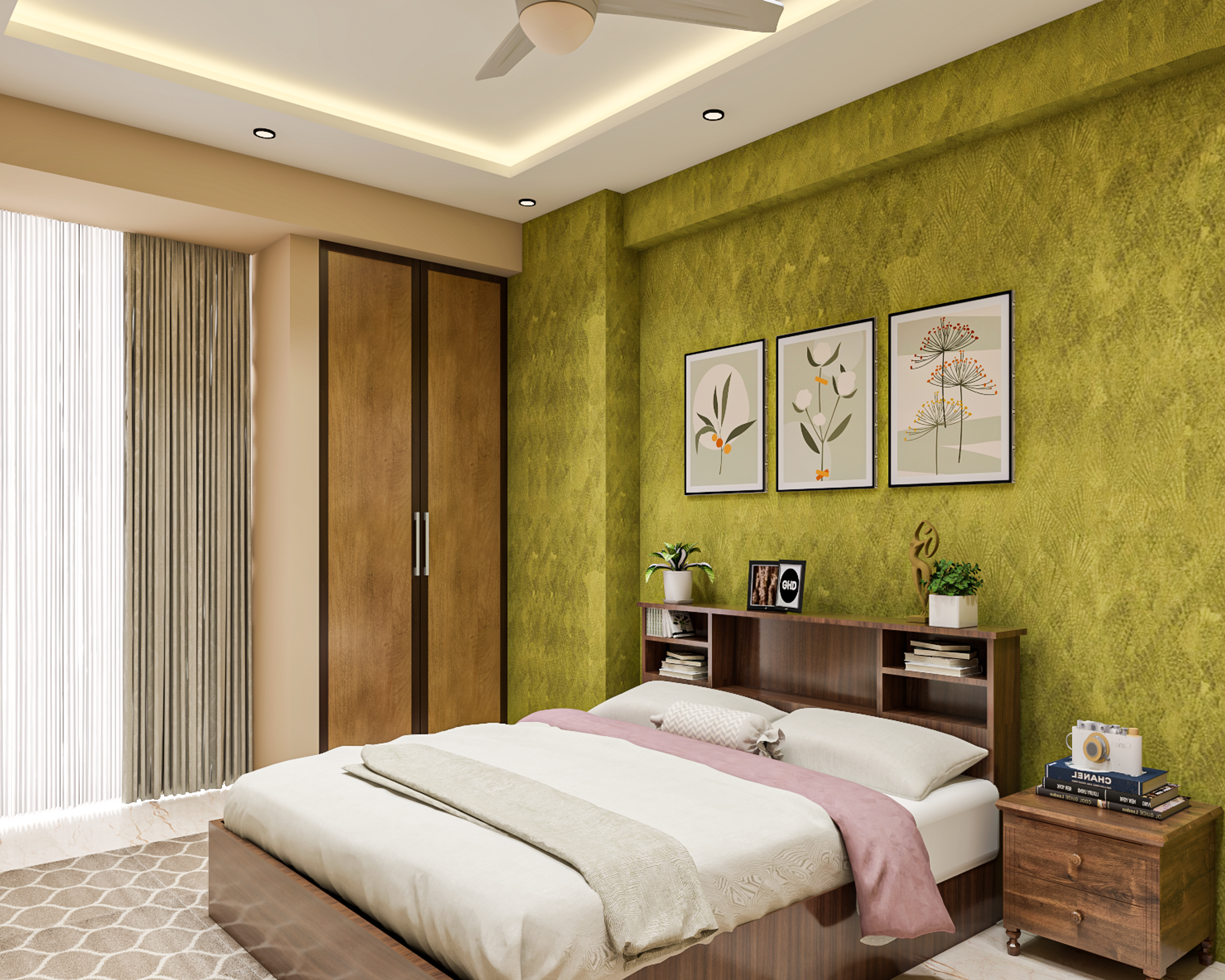 Modern Guest Room Ideas With Green Textured Wallpaper