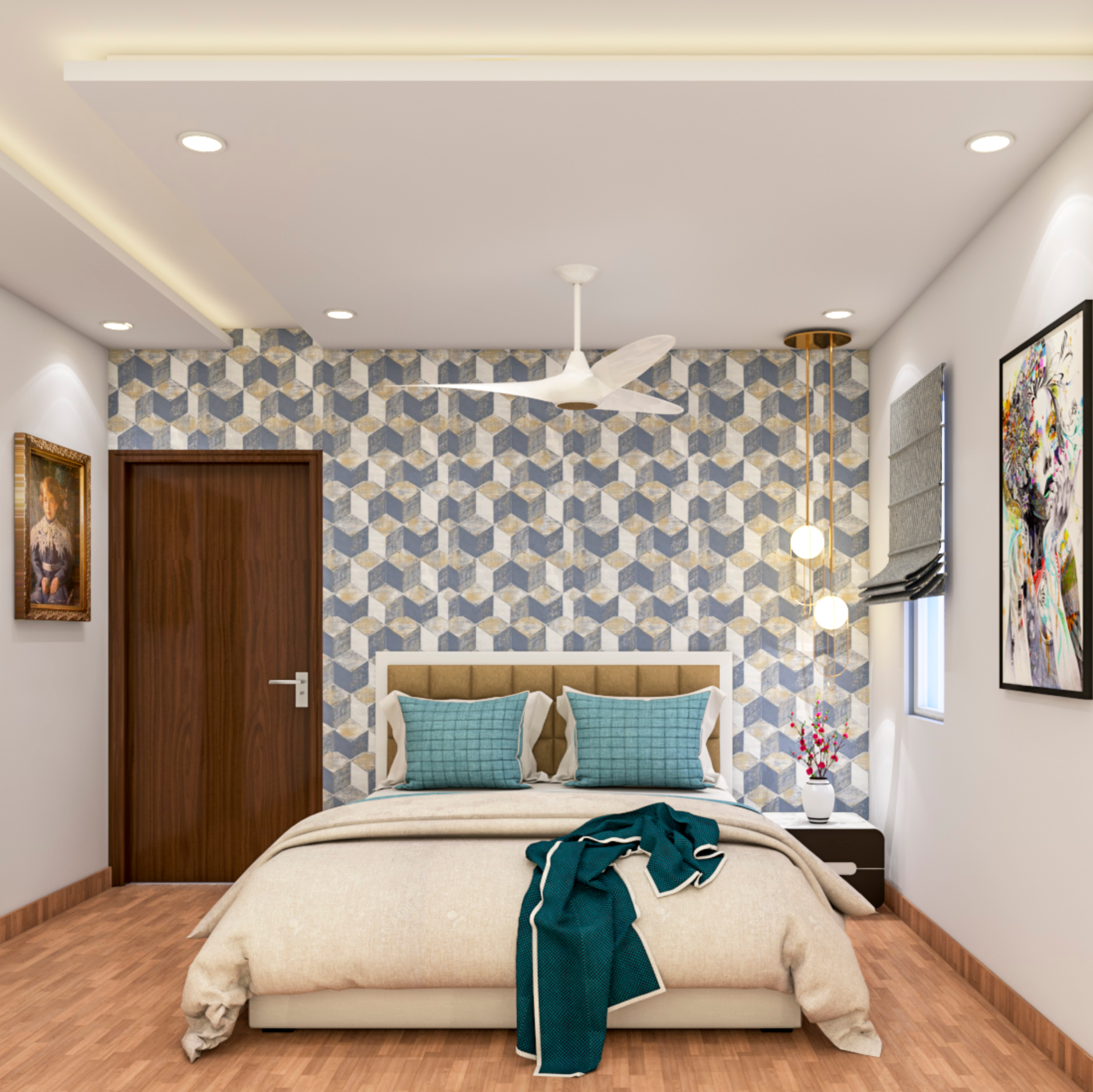 Modern Spacious Guest Bedroom With Geometric Wallpaper