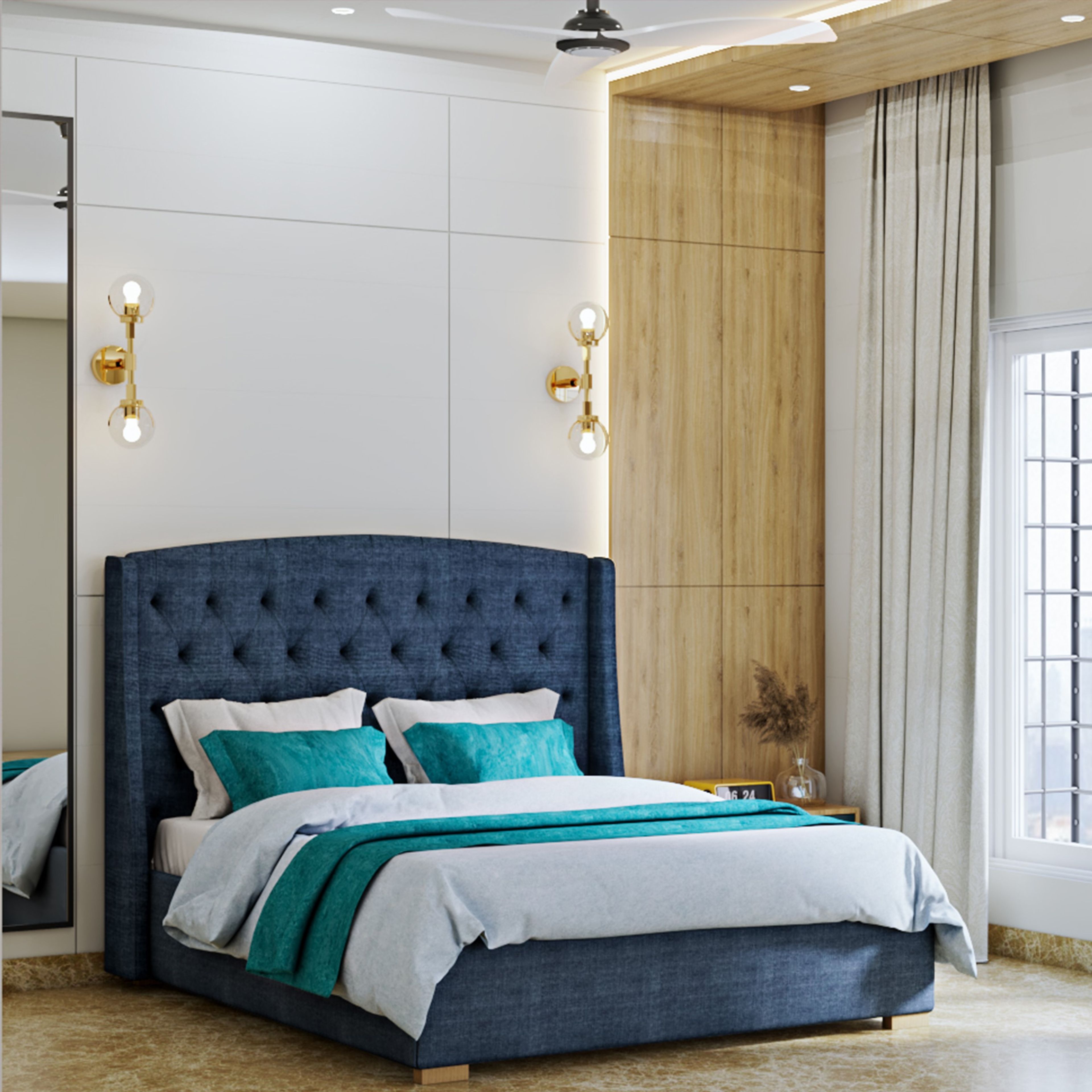 Contemporary Guest Room with Blue Upholstered Bed