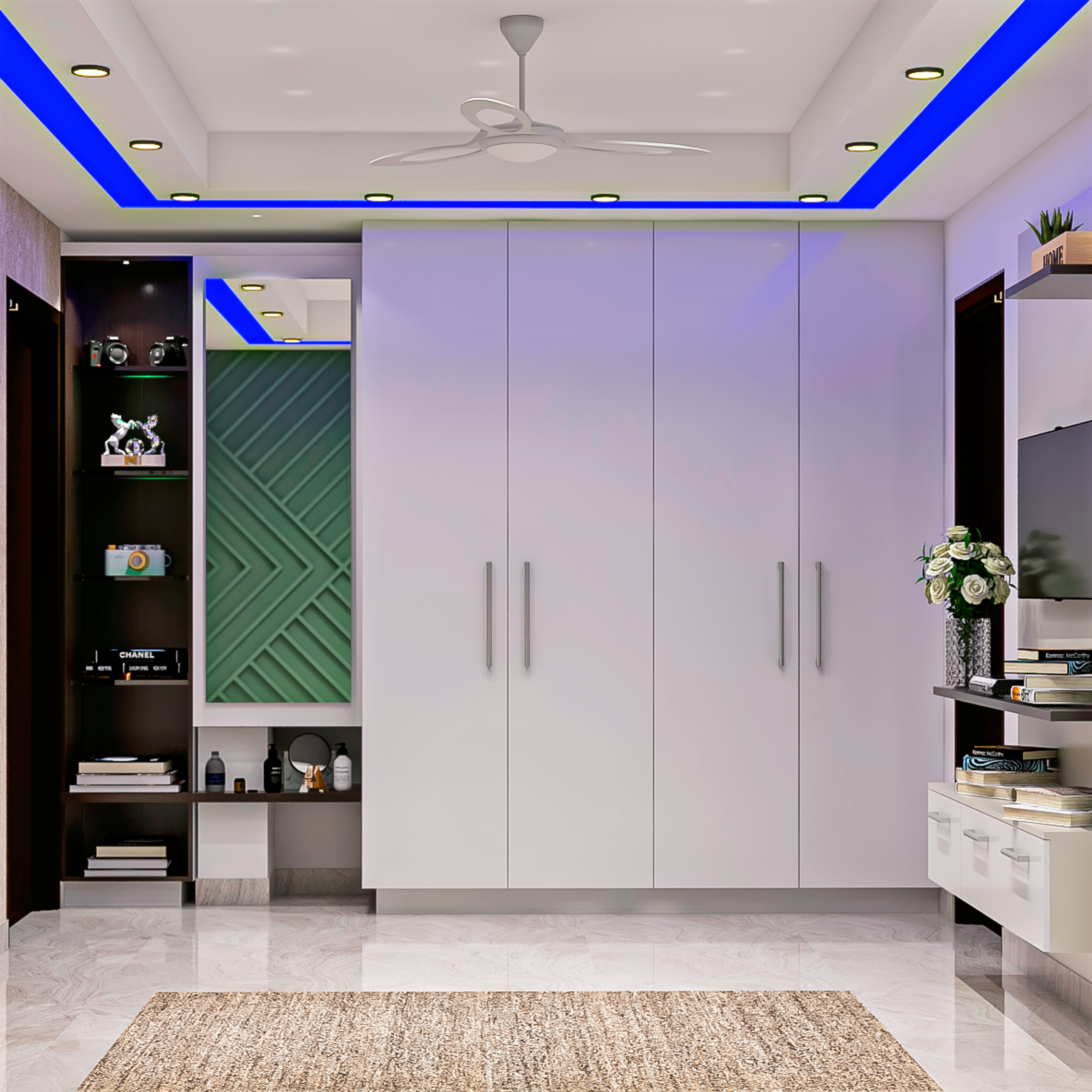 Modern Bedroom with Blue Coloured Lights - Livspace