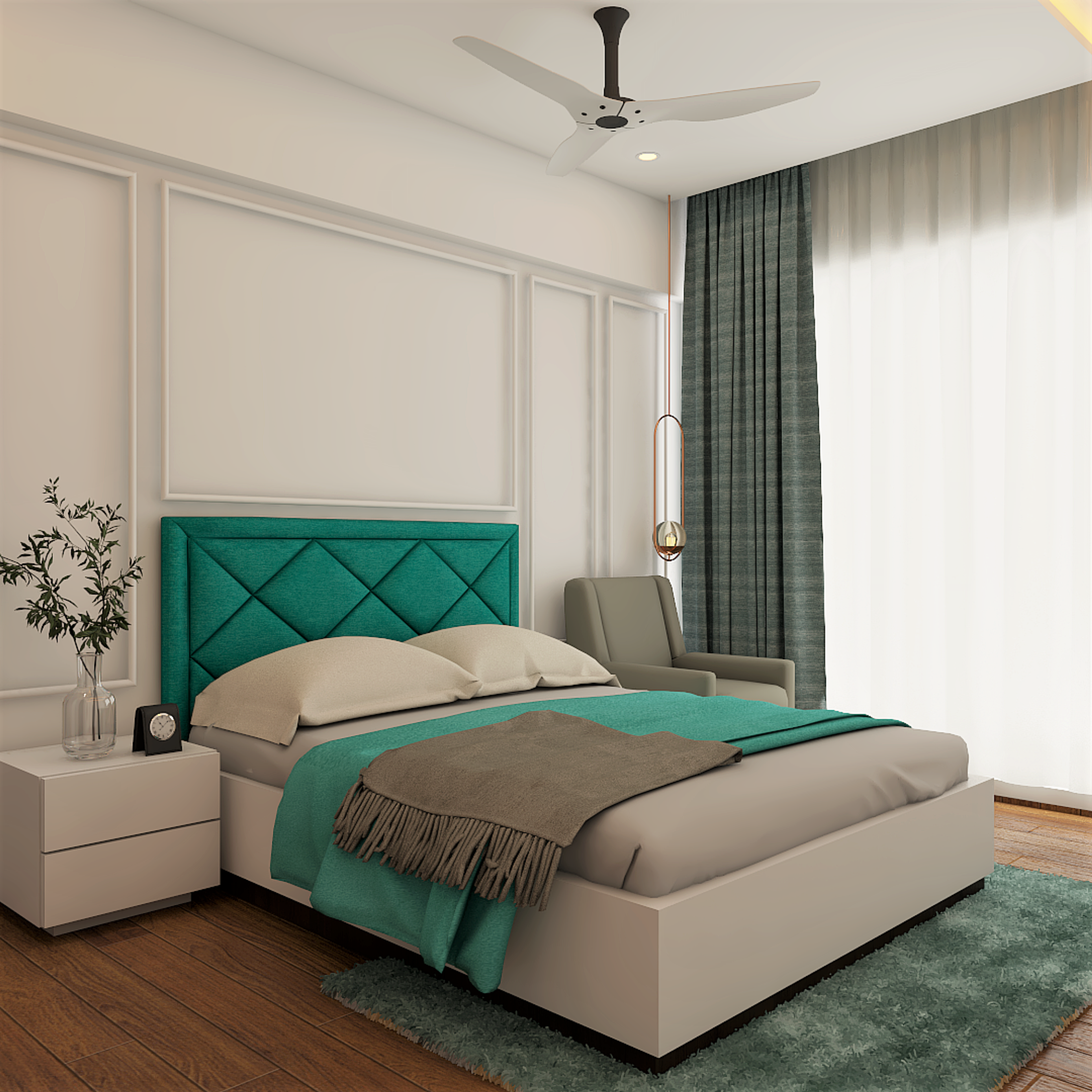 Modern Guest Room with Turquoise Shades
