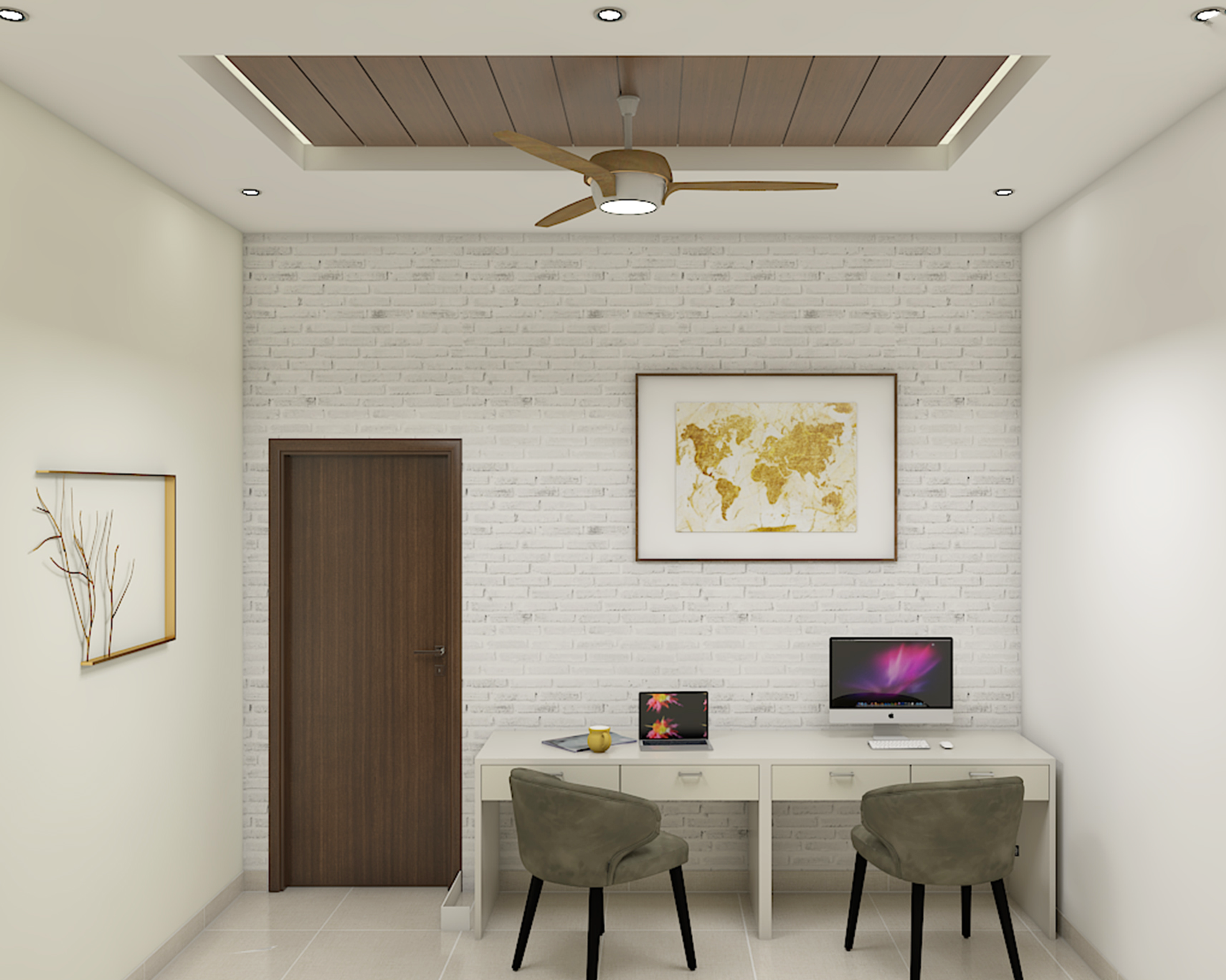 Modern Study Room with Brick Accent Wall