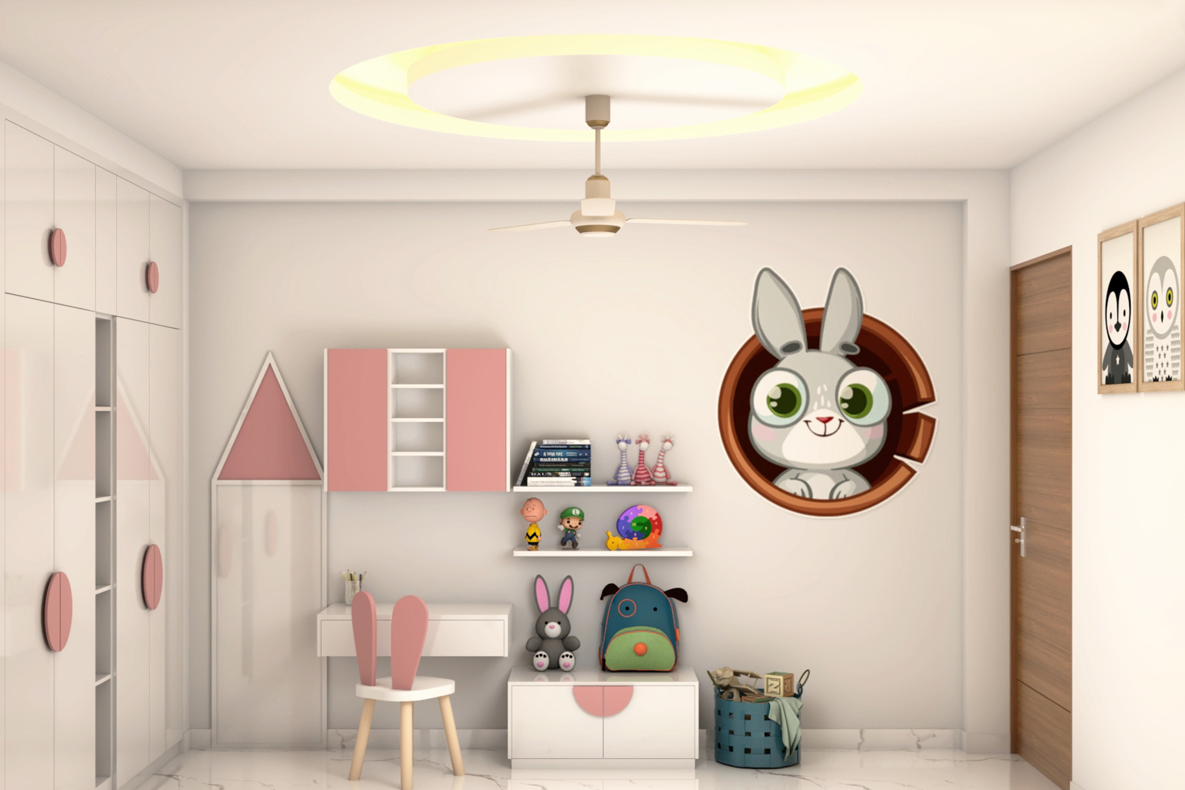 Blush Pink Kids Bedroom with Bunny Theme - Livspace