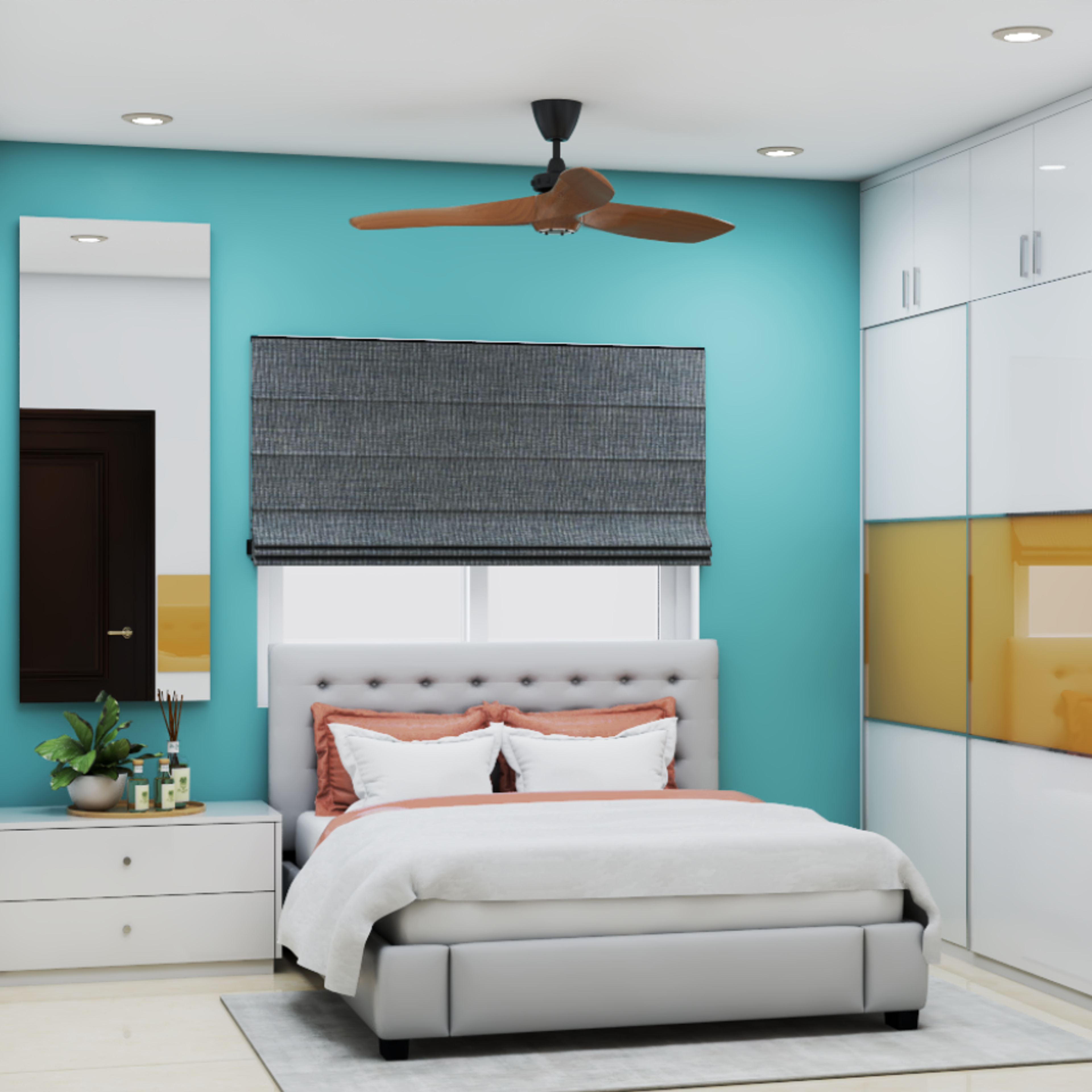 Spacious White Bedroom with Glossy Finishes - Livspace