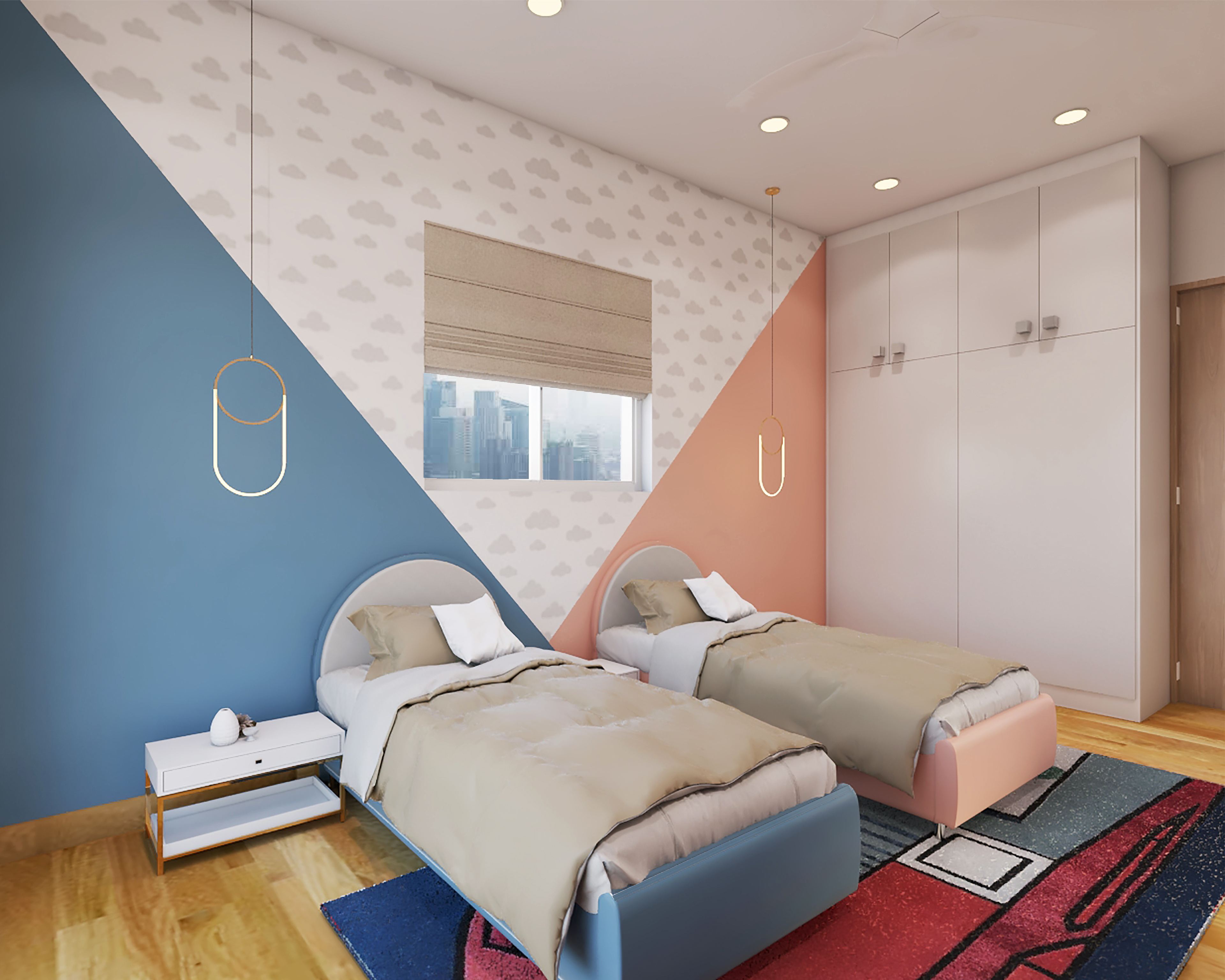 Twin Kids Bedroom with Pink and Blue Colours