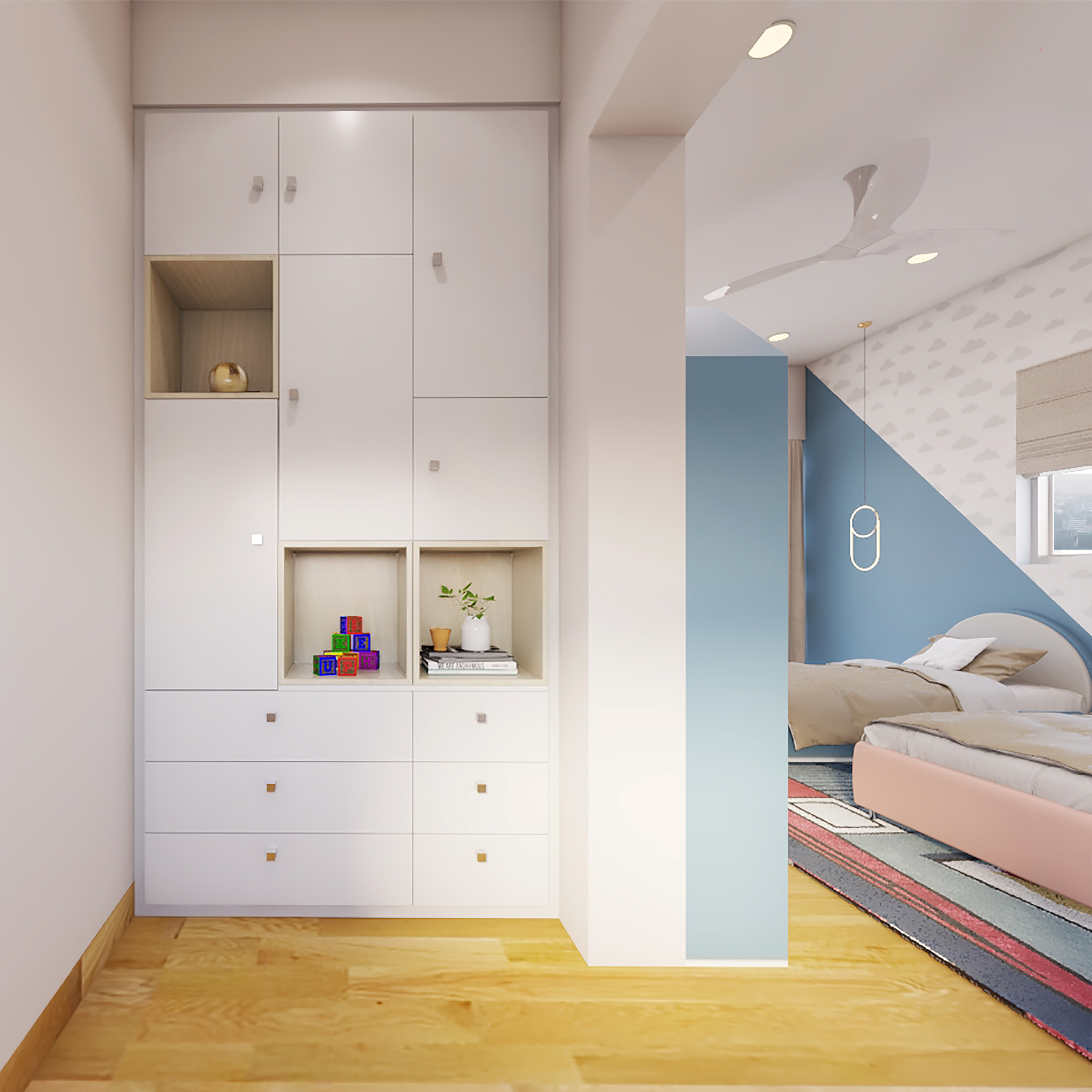 Kids Bedroom with Pencil Shaped Storage - Livspace