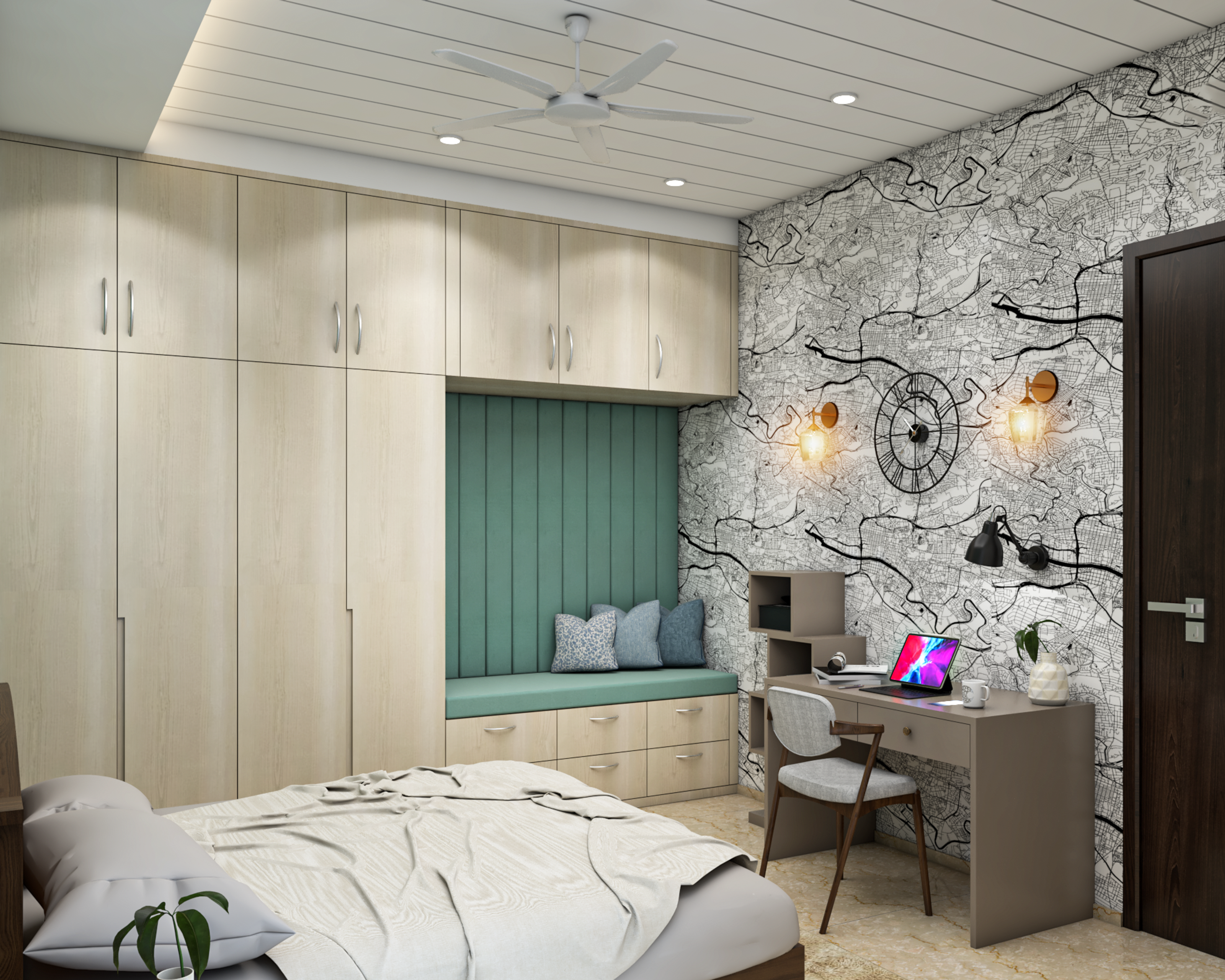 Modern Bedroom with Trims and Mosaic Patterns - Livspace