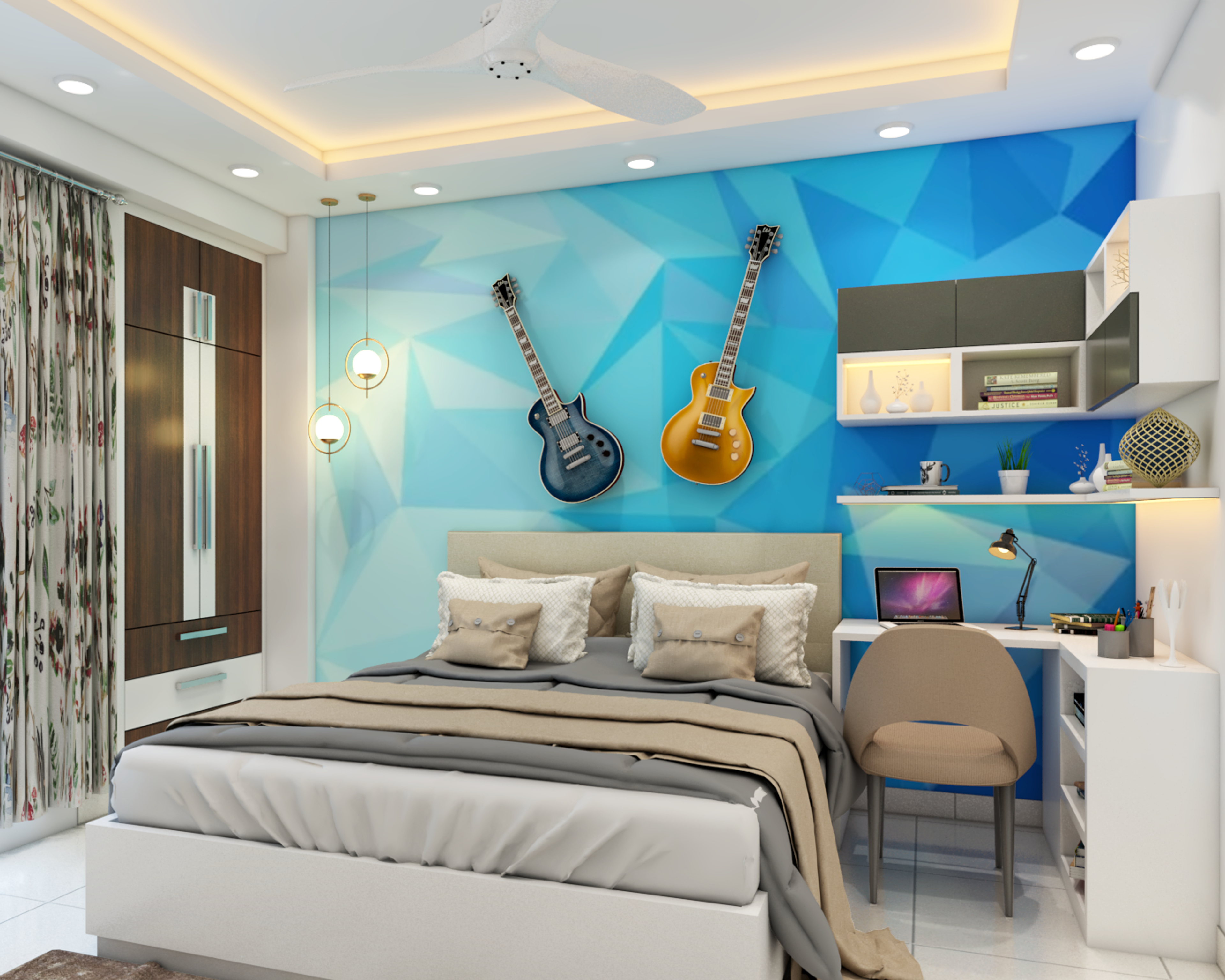Cosy Bedroom with Blue Accent Wall