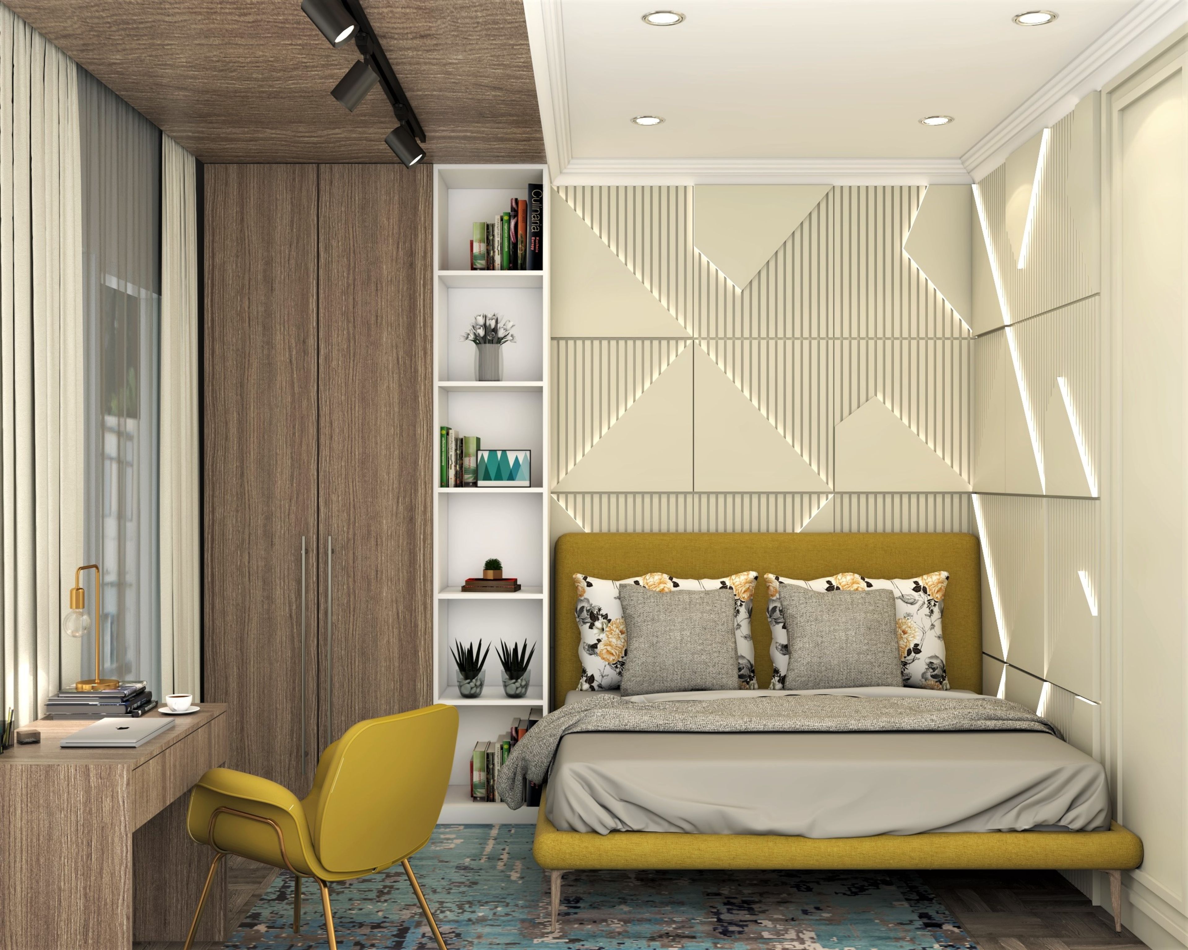 Compact Bedroom Design with Hues of Mustard Yellow