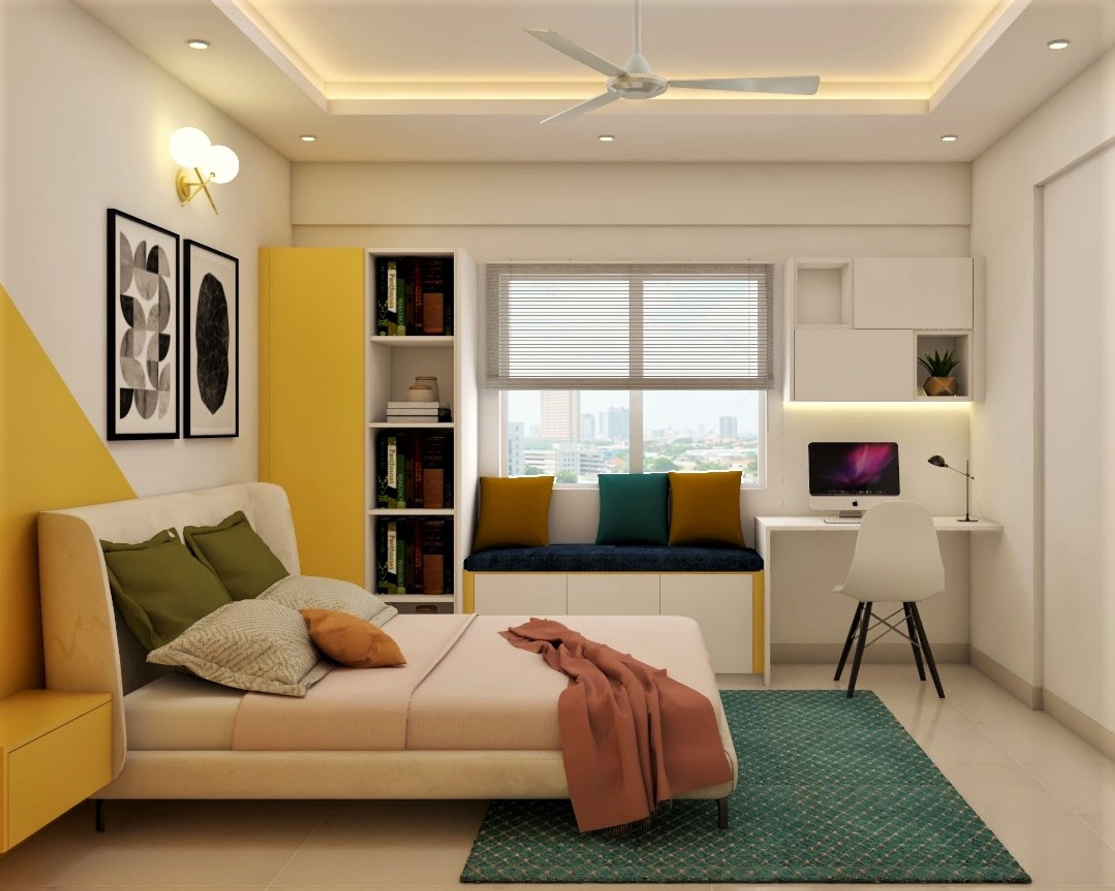 Bedroom with Yellow Patterned Accent Wall