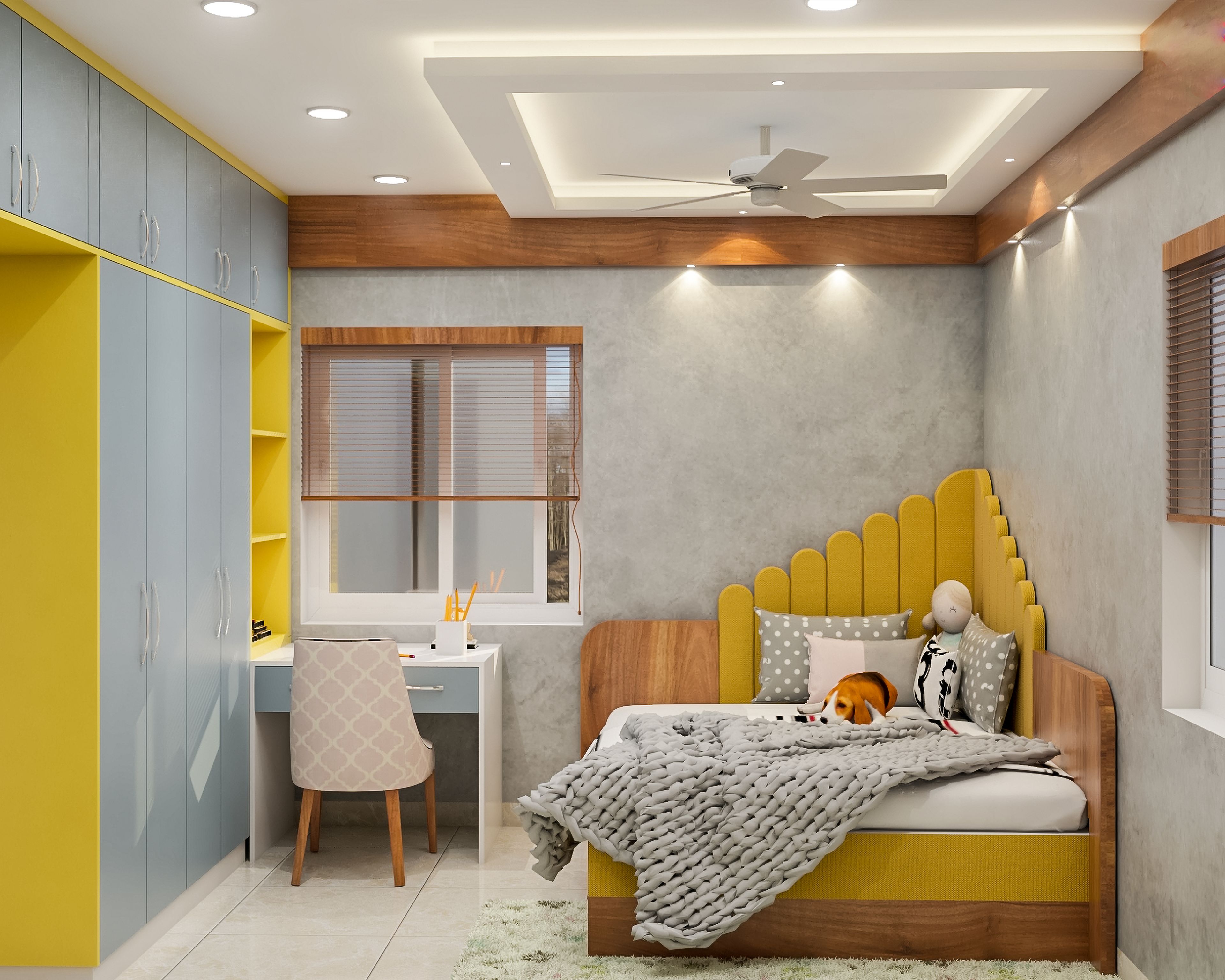 Kids Bedroom with Vibrant Yellow and Grey Shades