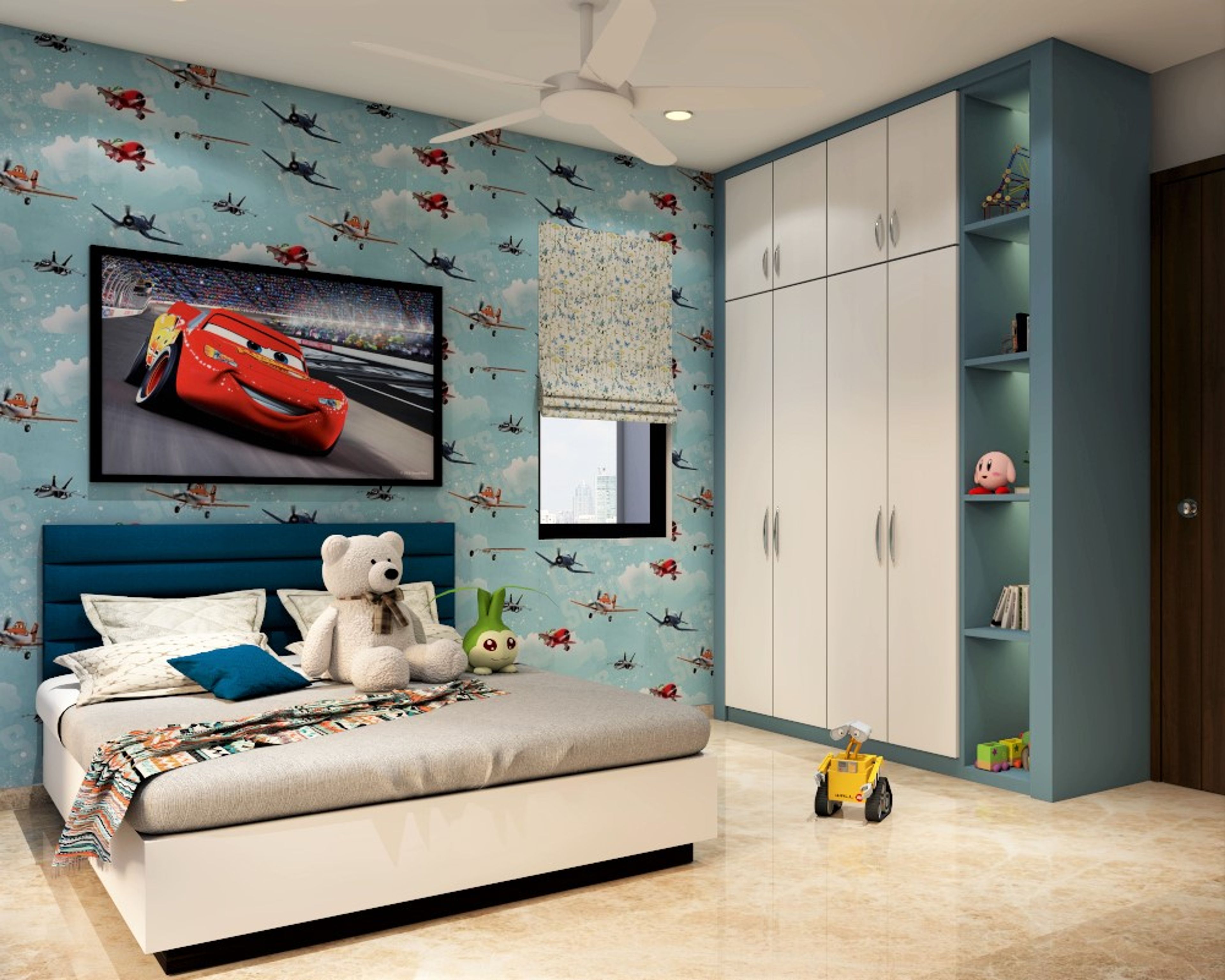 Kids Bedroom Design With Colourful Wallpaper And Modern Interiors