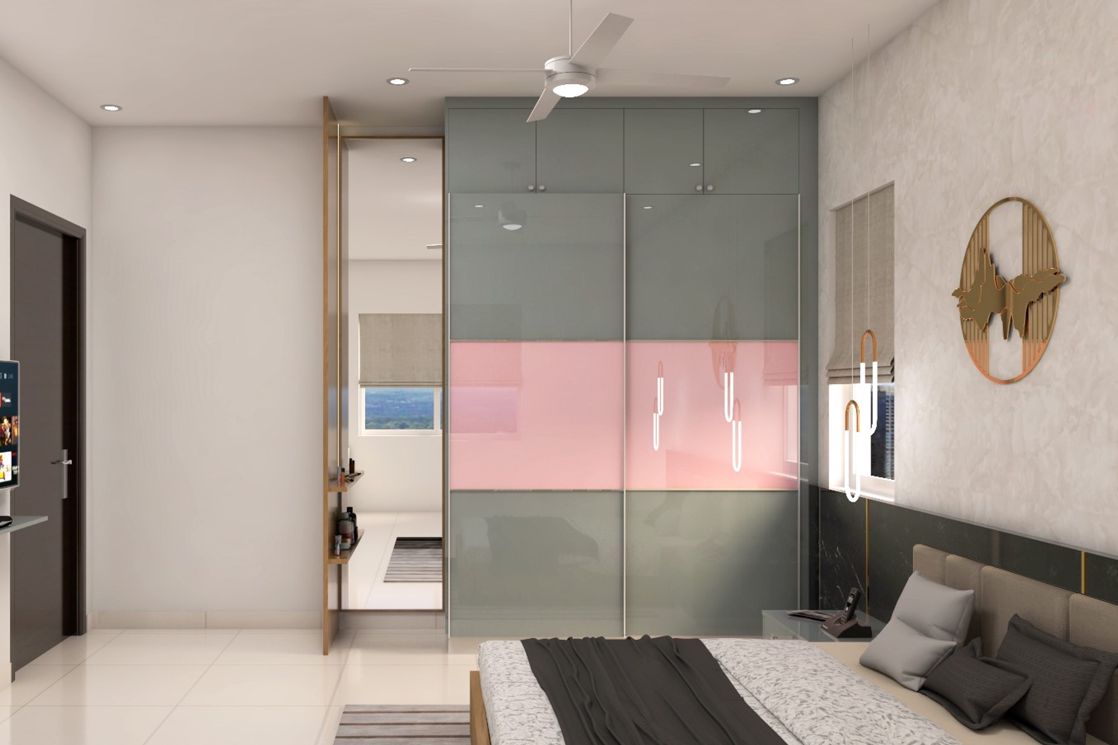 Modern Spacious Kids Bedroom Design With Pink Wardrobes - Livspace