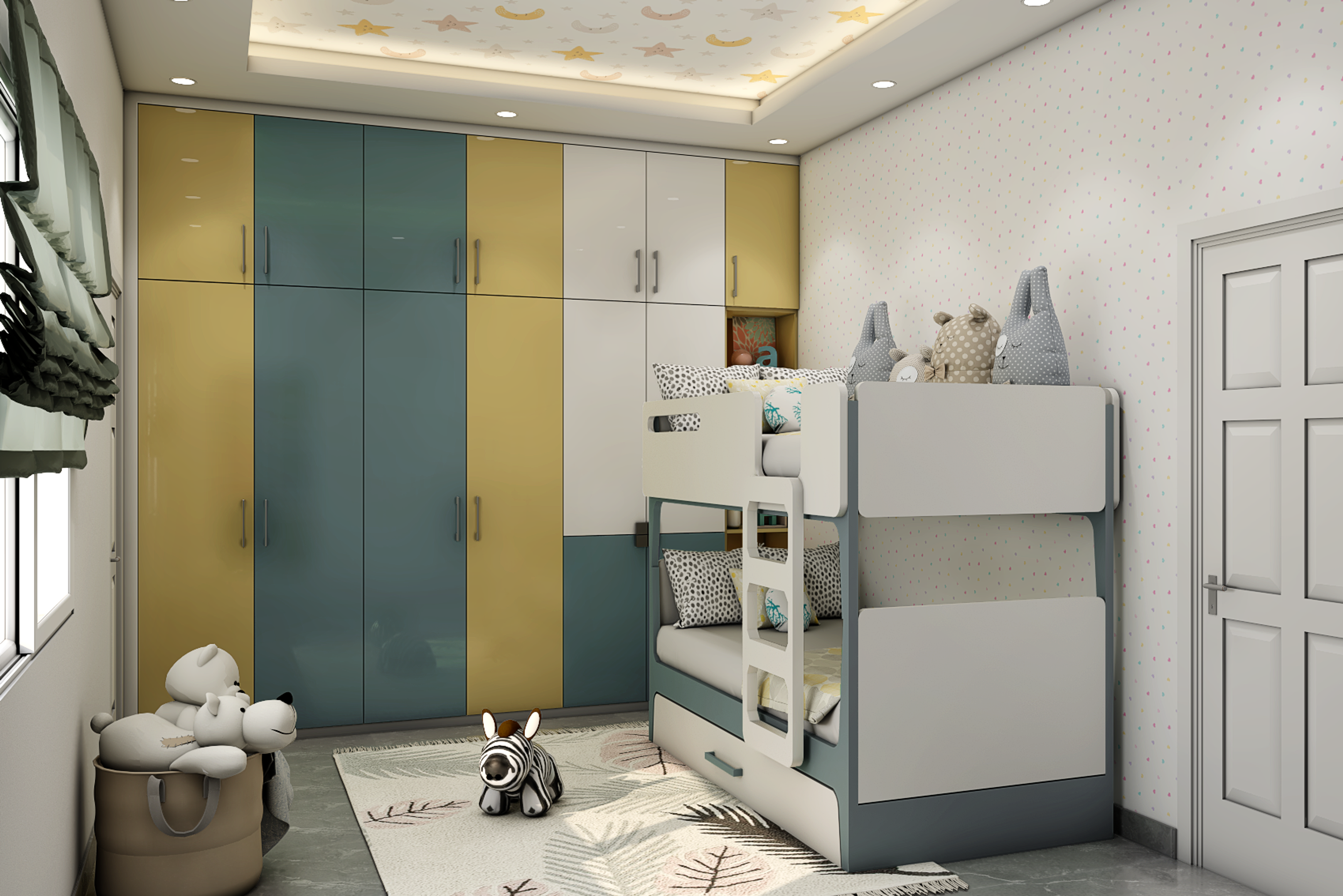 Compact Modern Kids Room With Vibrant Wardrobe