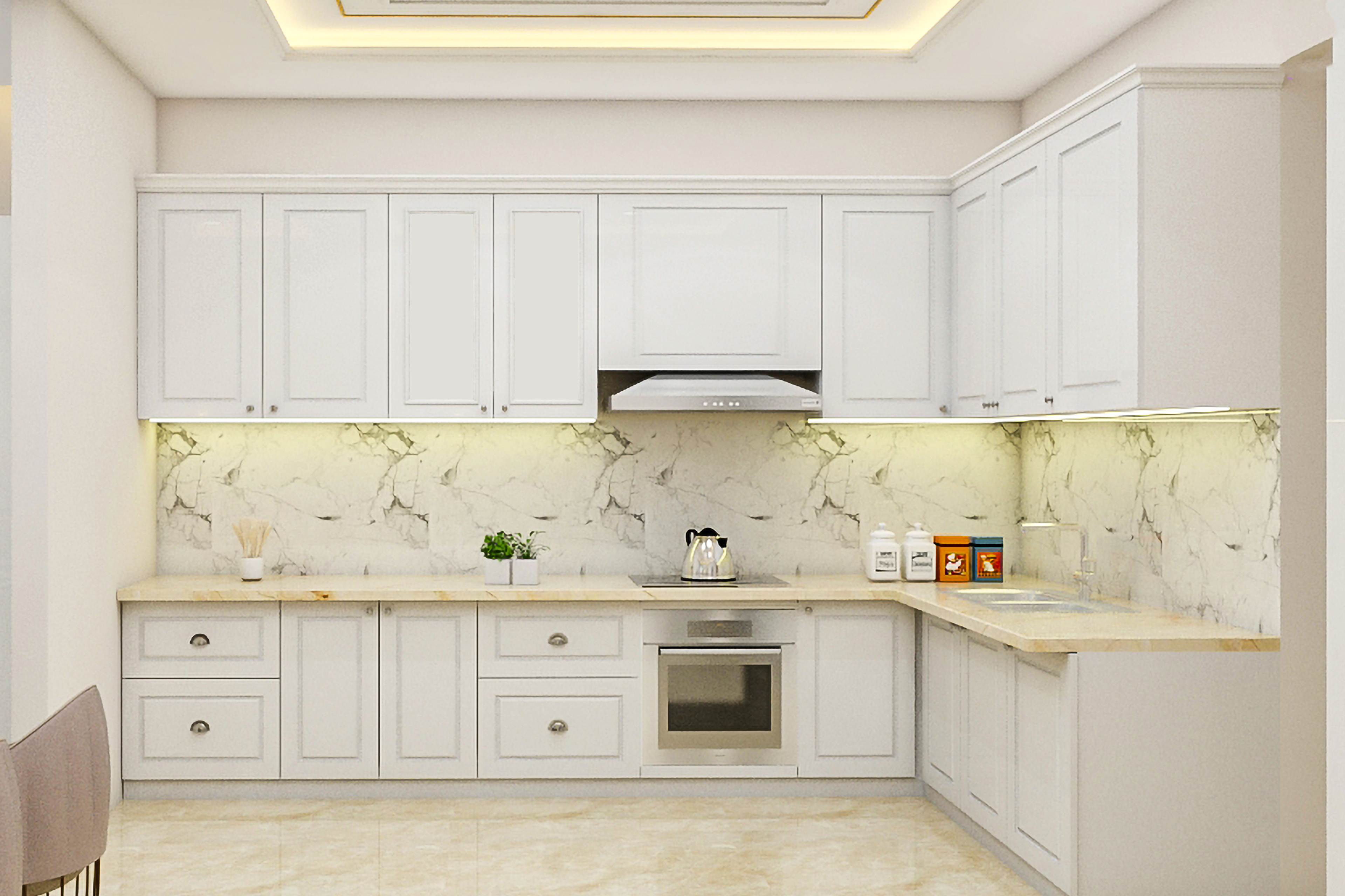 L Shaped  Traditional Theme Modular Kitchen Design