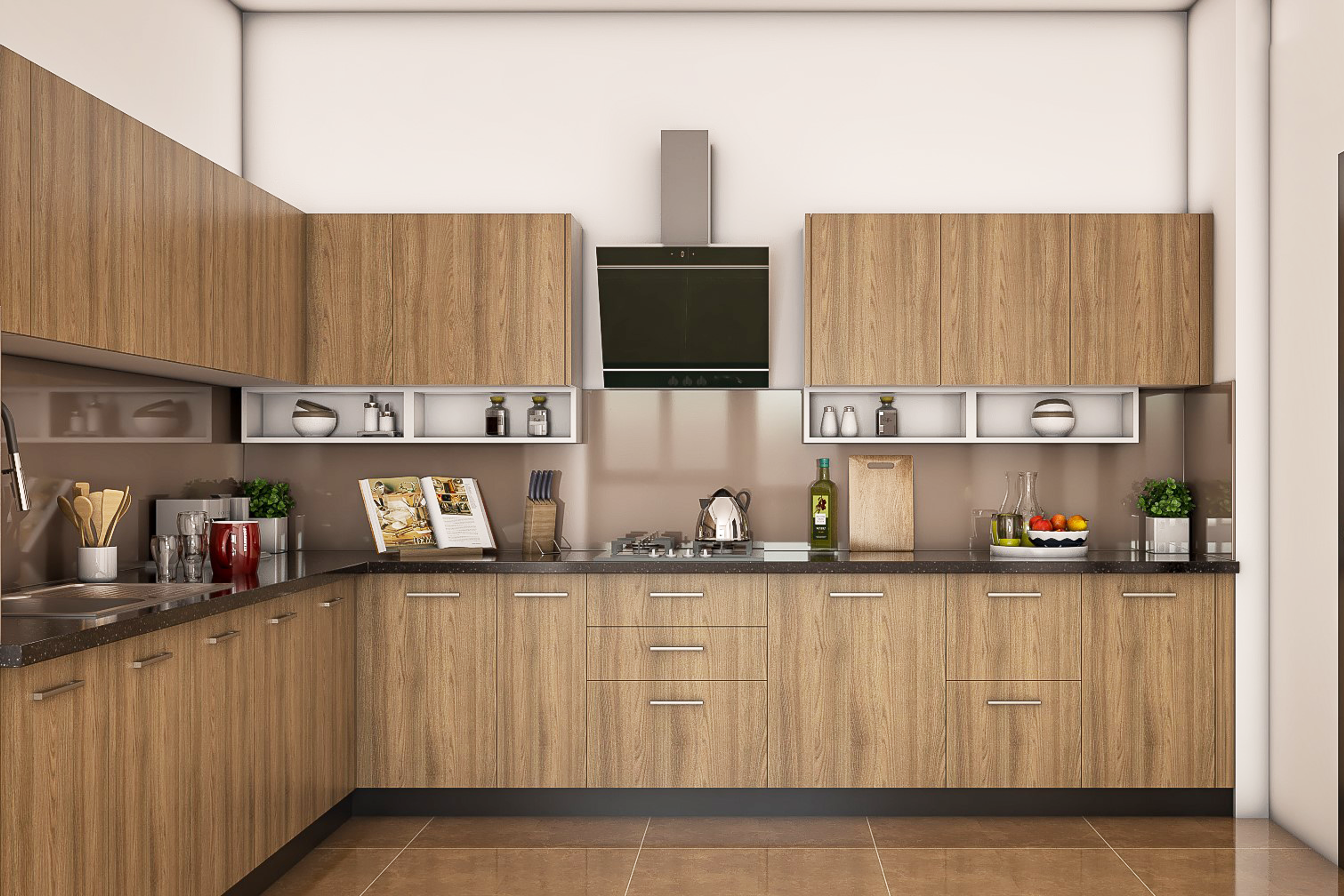 L-Shaped Rustic Style Modular Kitchen Design