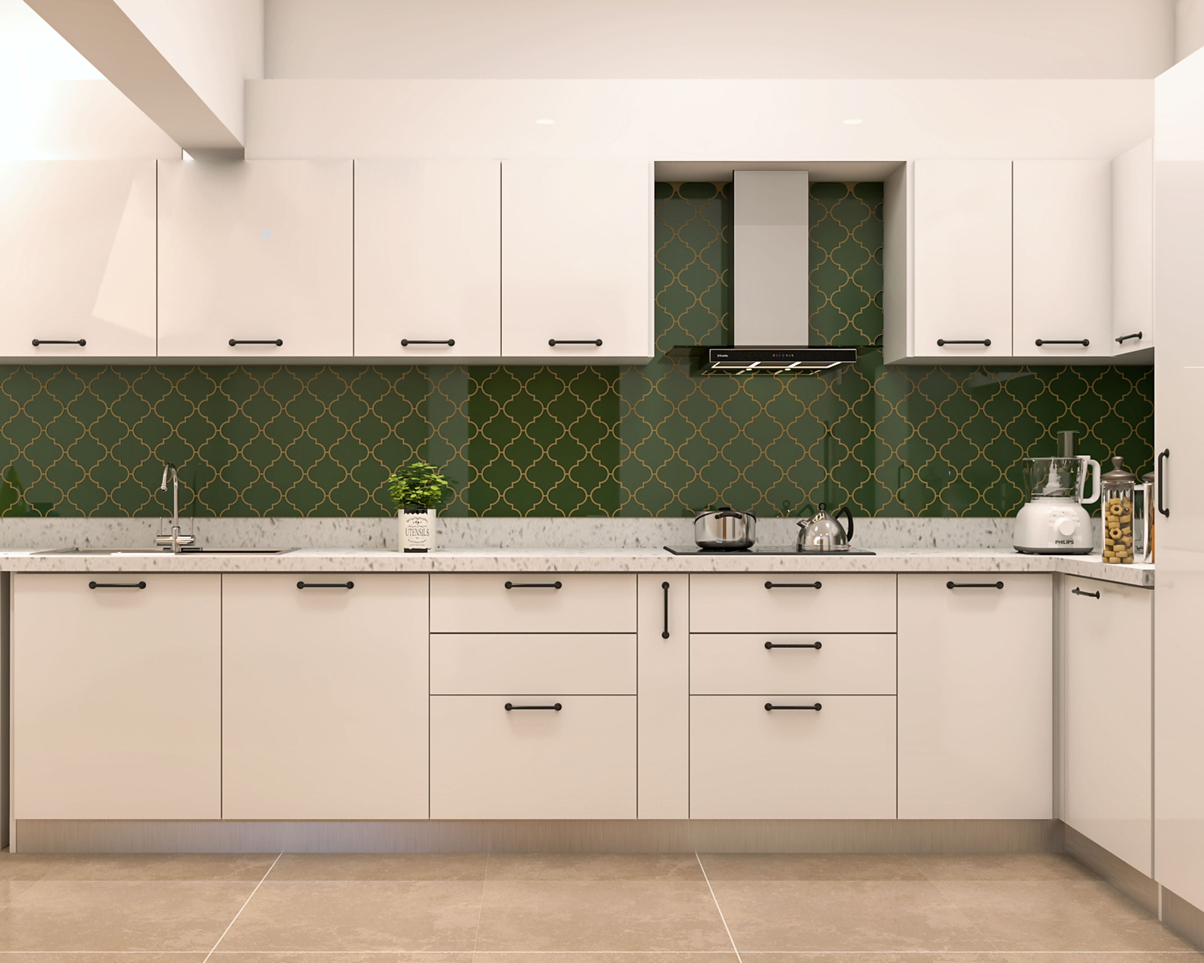 Contemporary  White Kitchen with Dark Green Tiles
