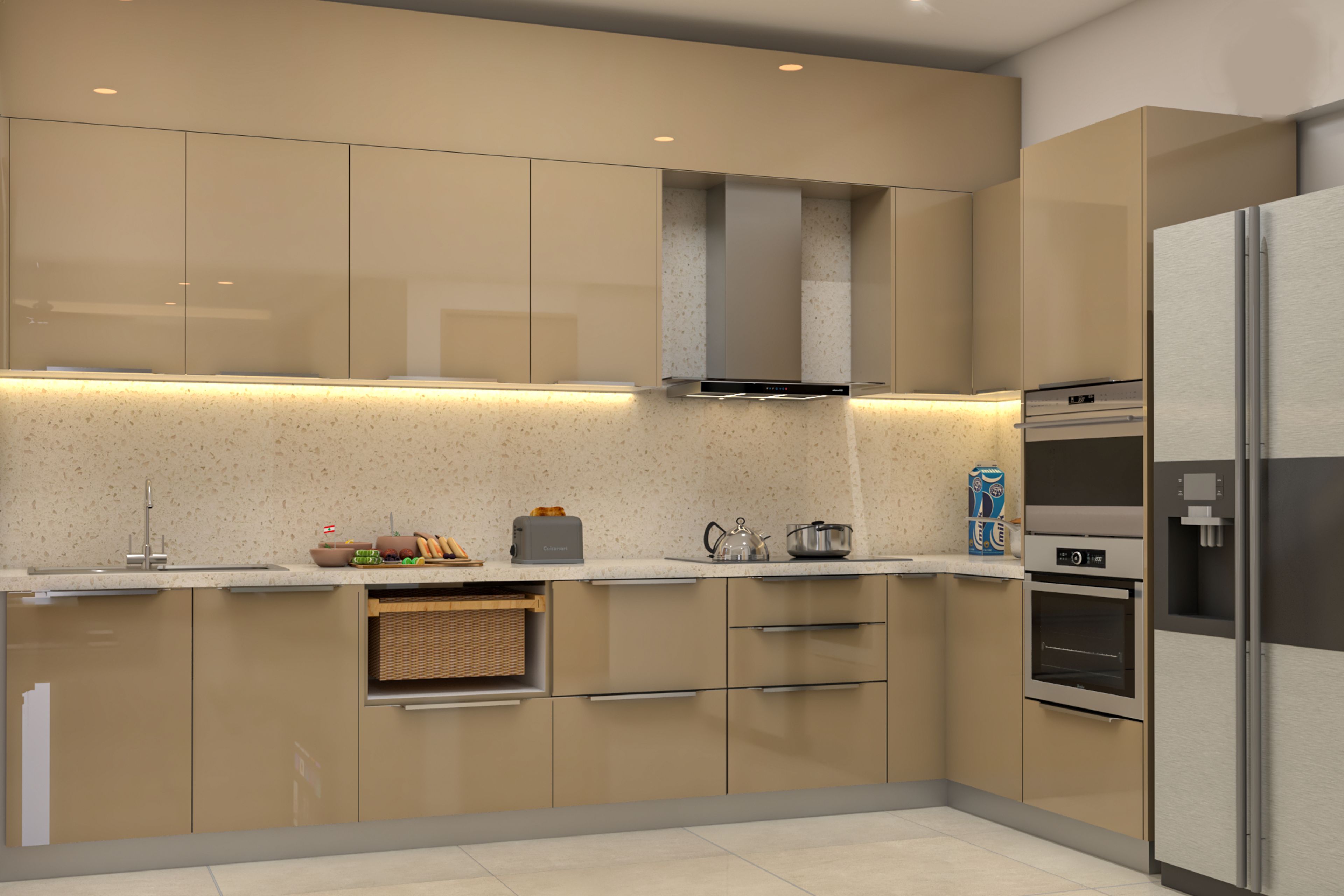 Glossy Beige L-Shaped Kitchen