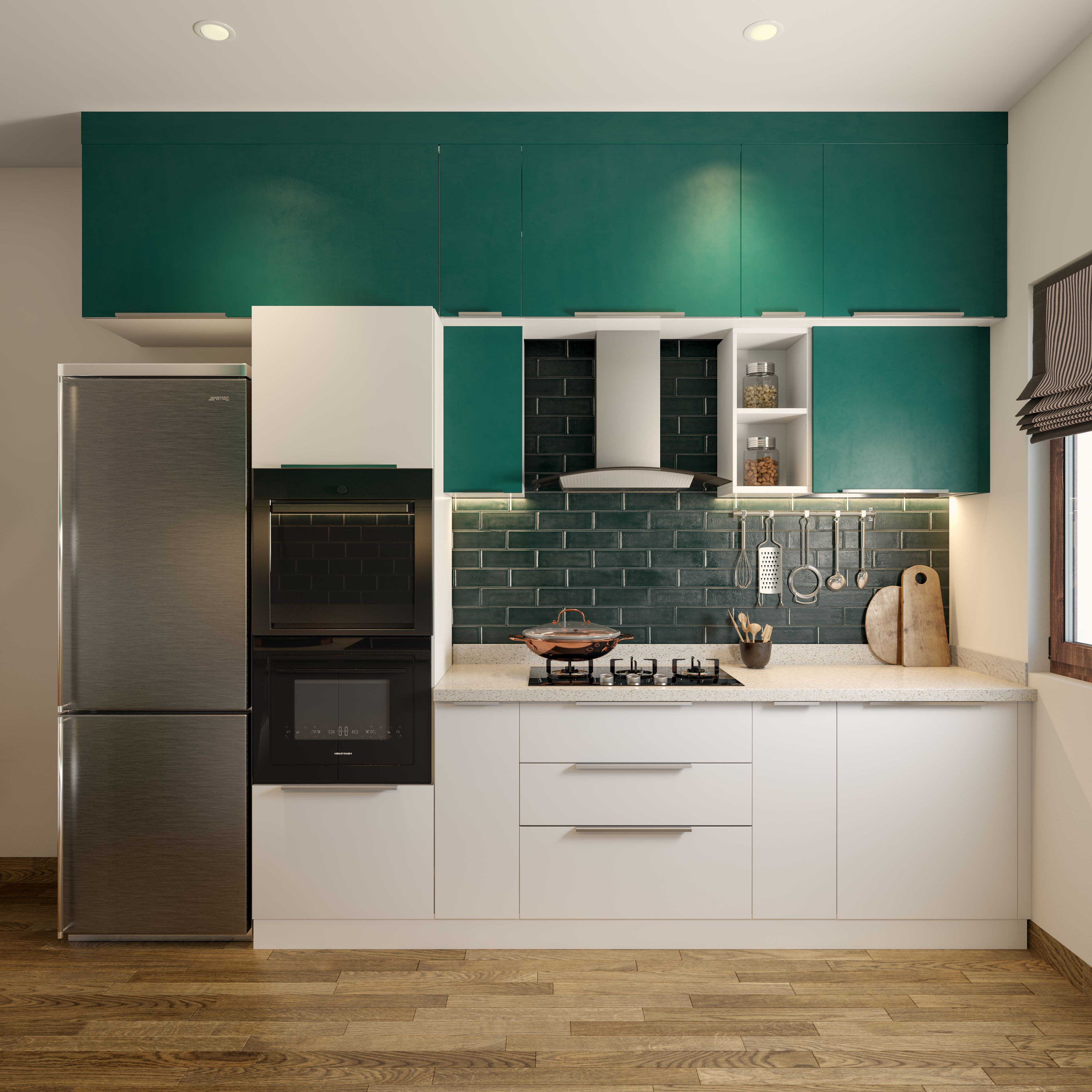 Green Mediterranean Fully Loaded Parallel Kitchen Design