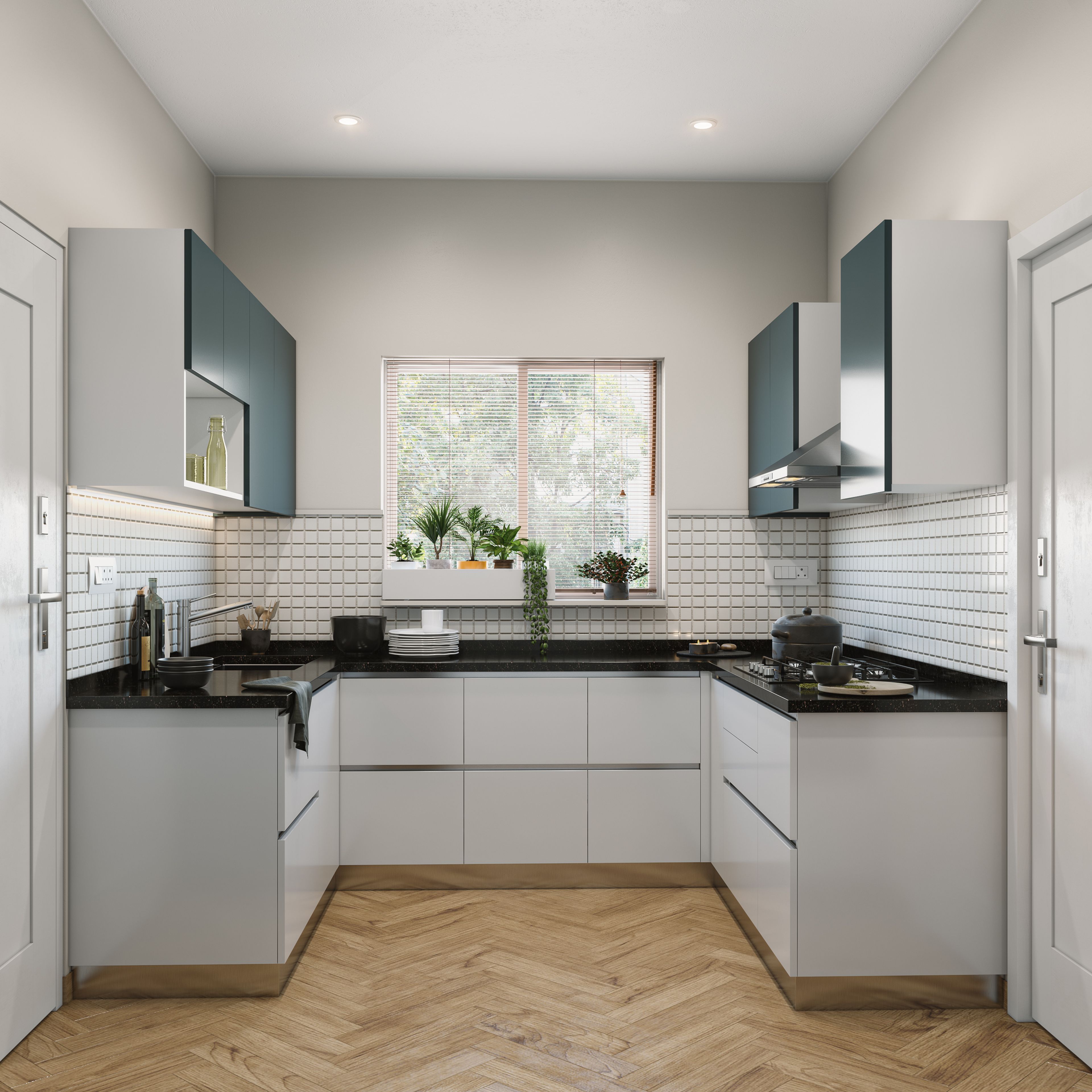 White U-Shaped Fully Loaded Kitchen Design with Wooden Flooring