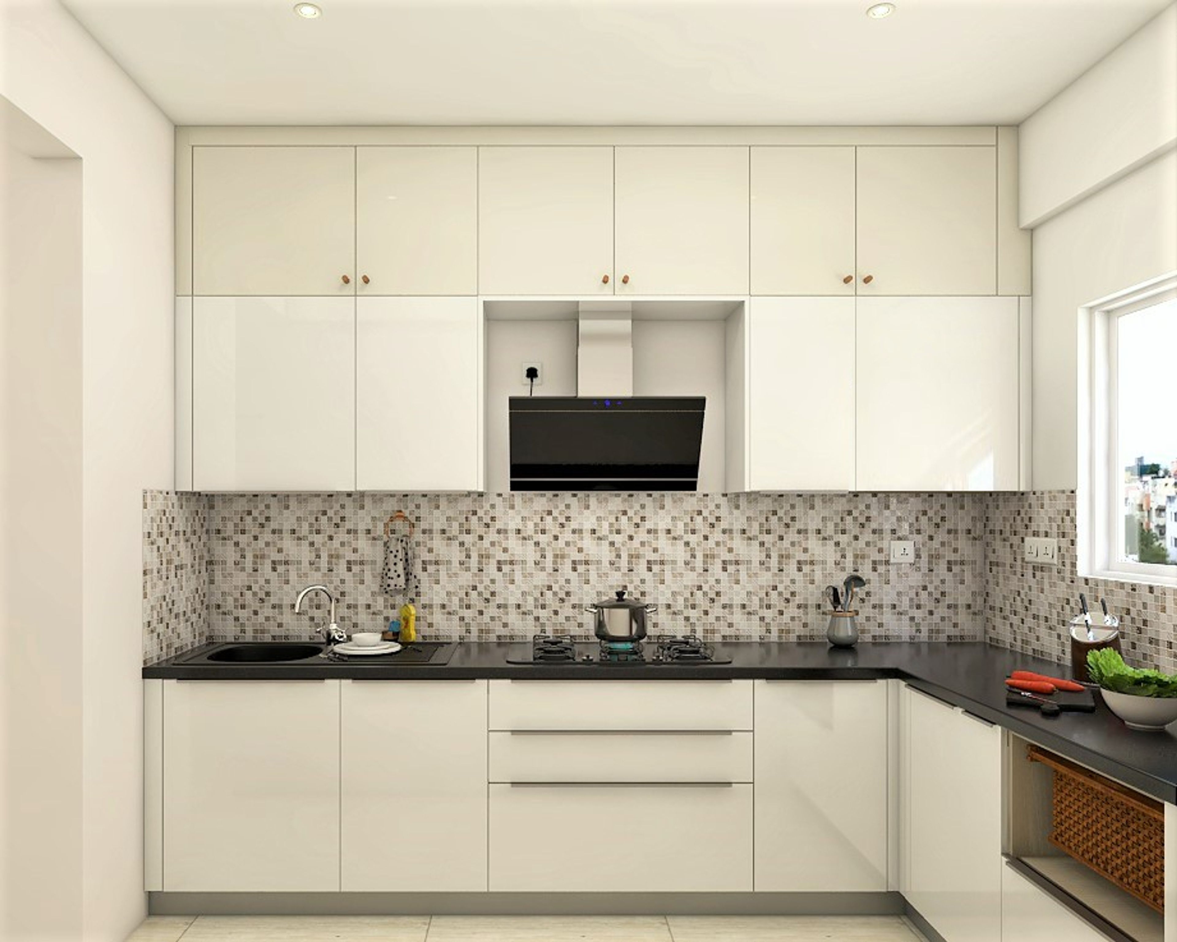Black Countertop L-Shaped Kitchen Design with Patterned Tiles