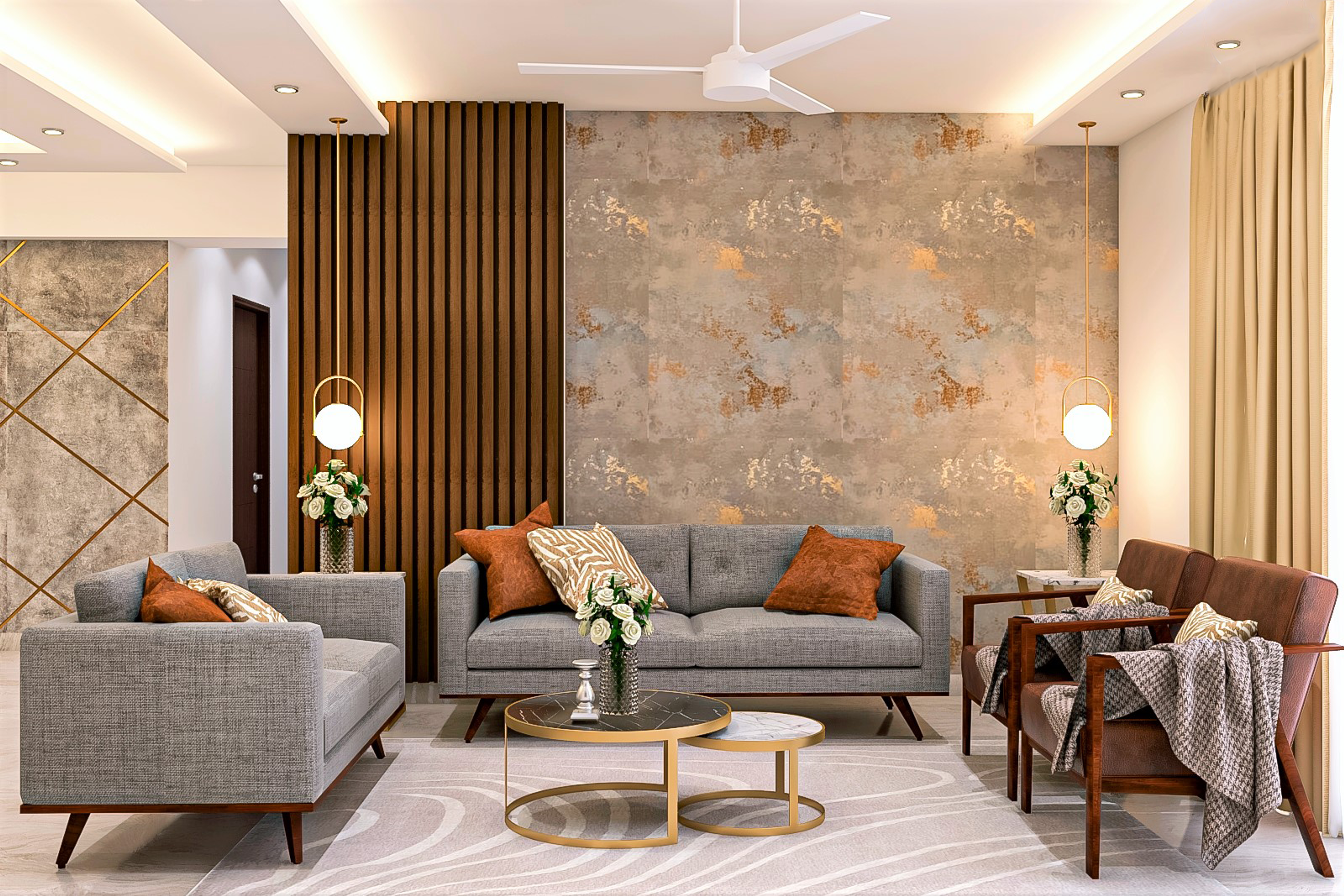 Textured Wall Living Room Design with Wooden Panelling and False Ceiling