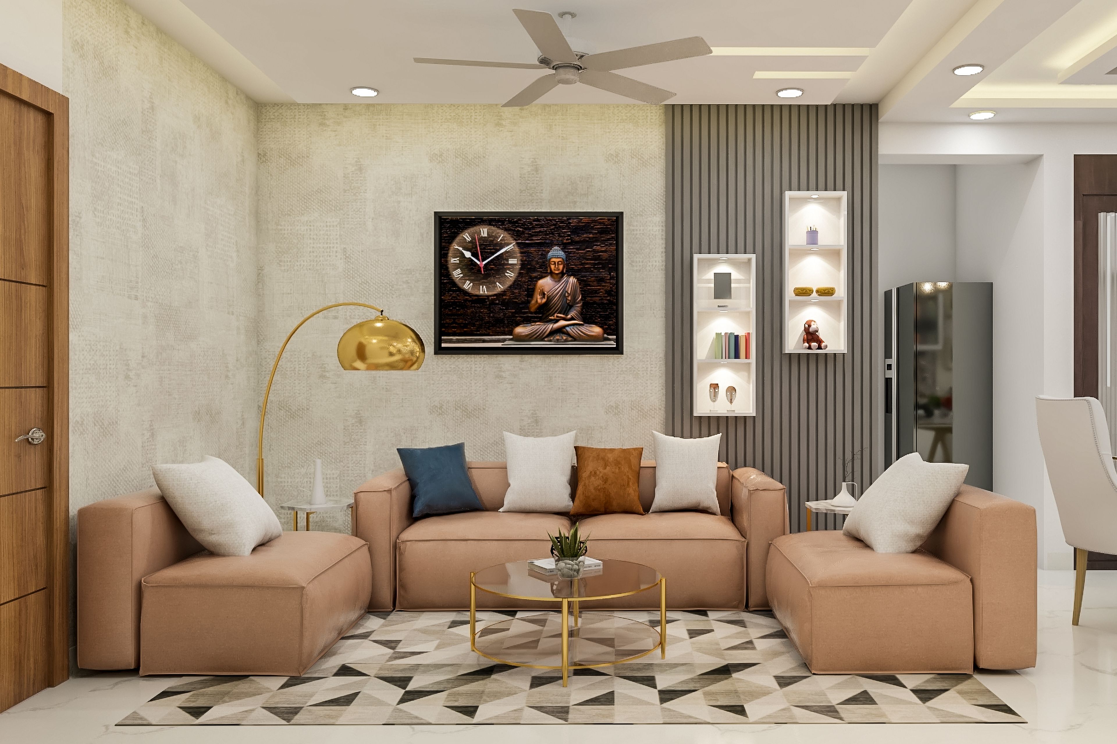 Textured Wall Living Room Design Idea with Beige Sofa Set