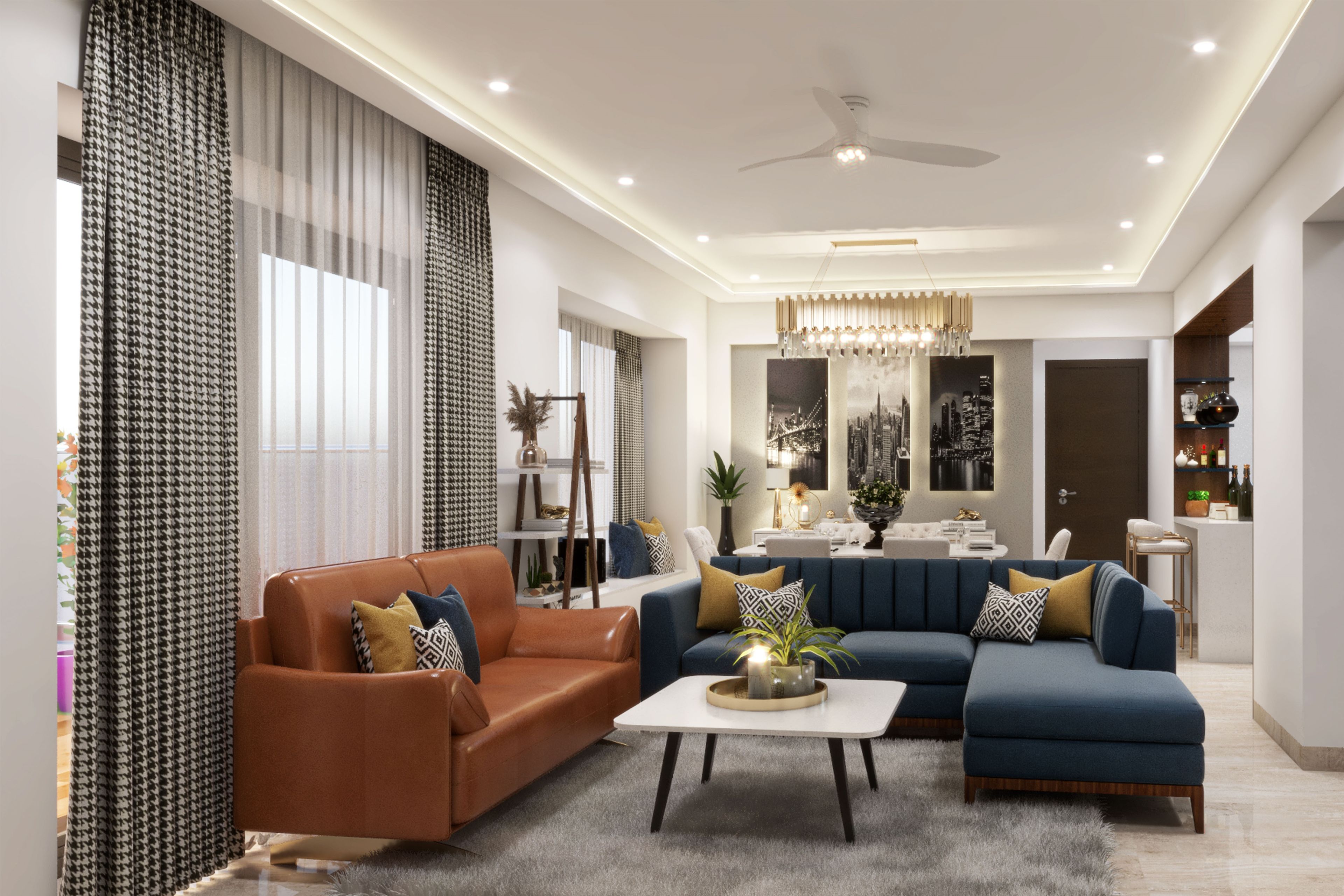 Modern Compact Living Room Design with Leather Sofa and L-shaped Blue Sofa
