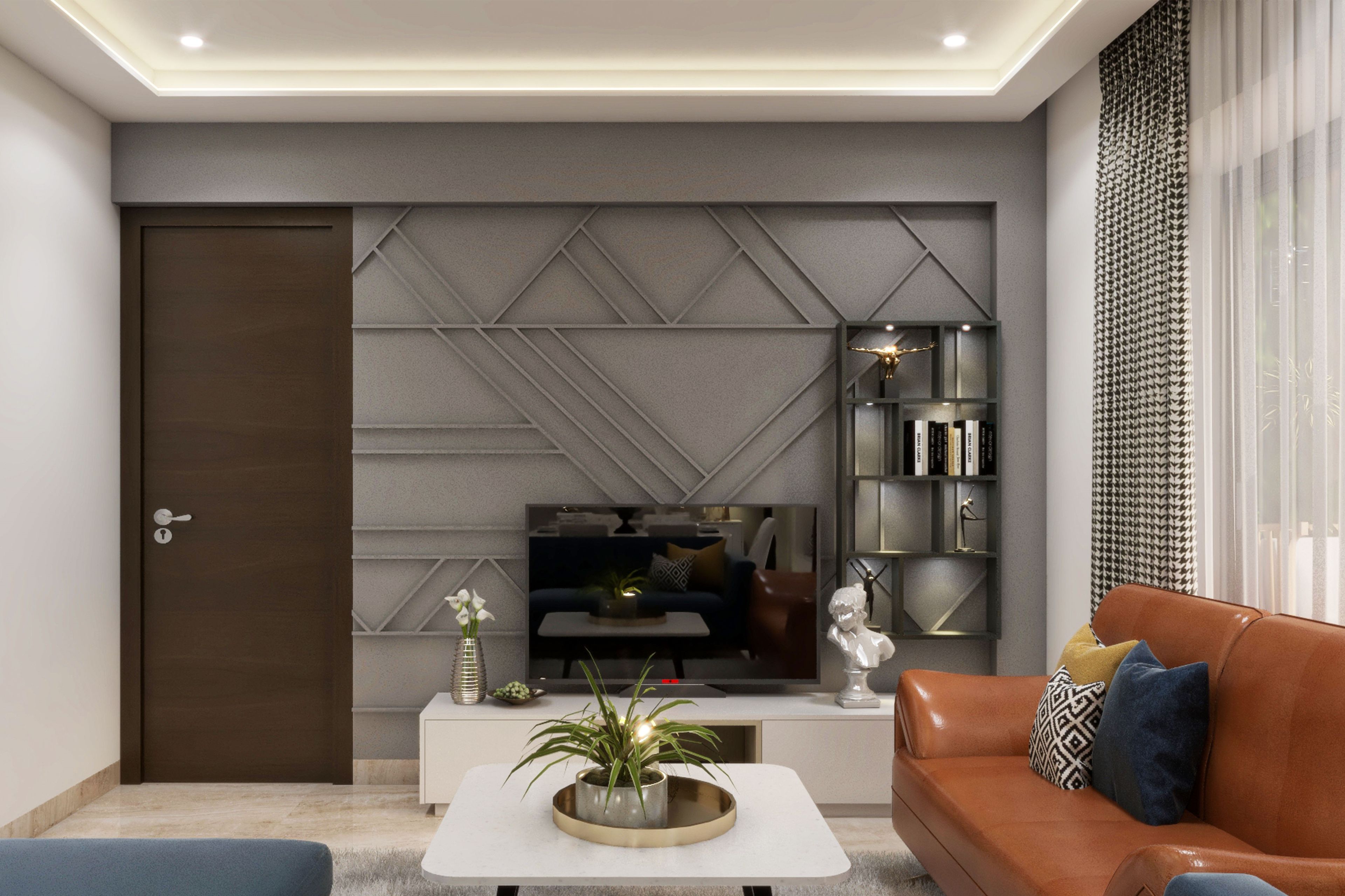 Modern Compact Living Room Design with Leather Sofa and L-shaped Blue Sofa - Livspace